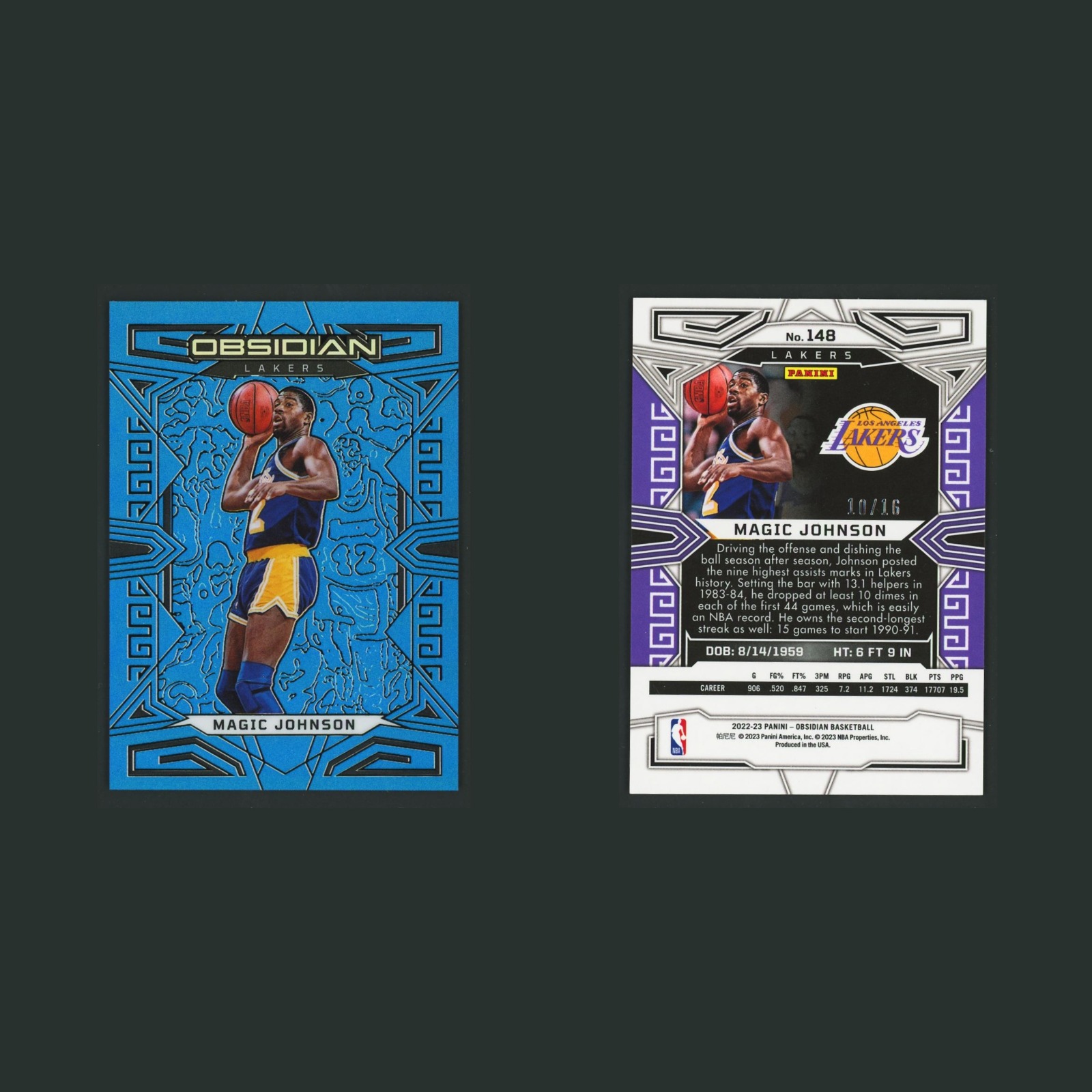 Magic Johnson /16 #148 2022-23 Panini Obsidian Electric Etch Blue Flood FOTL NBA front and back scans. Card condition is Near Mint.