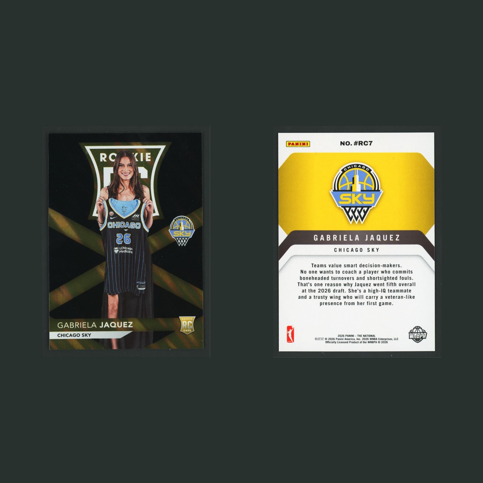 Gabriela Jaquez Rookie #RC7 2026-27 Panini The National Chicago Sky Basketball front and back scans. Card condition is Near Mint.