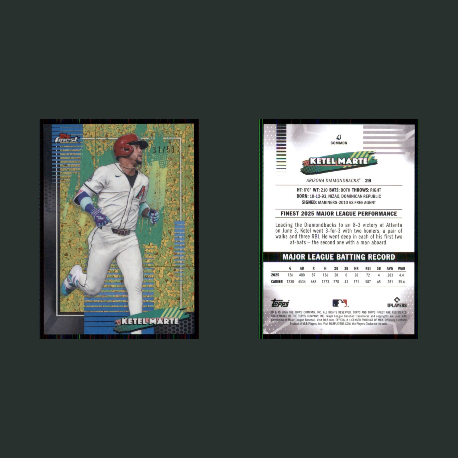 Ketel Marte /50 #4 2026 Finest Gold Arizona Diamondbacks Baseball Card MLB front and back scans. Card condition is Near Mint.