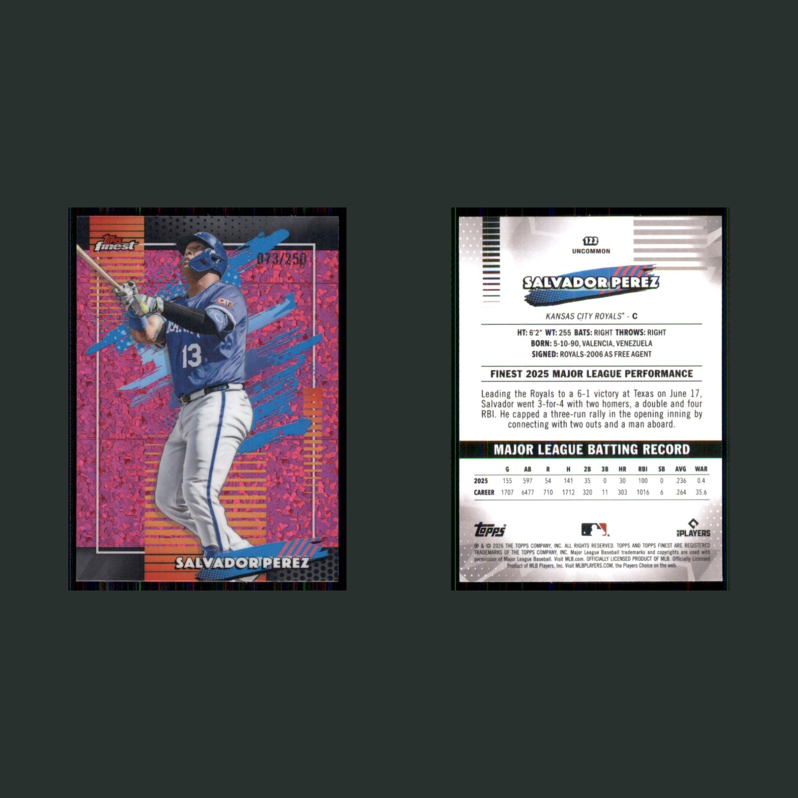Salvador Perez /250 #122 2026 Finest Pink Refractor Kansas City Royals Baseball front and back scans. Card condition is Near Mint.
