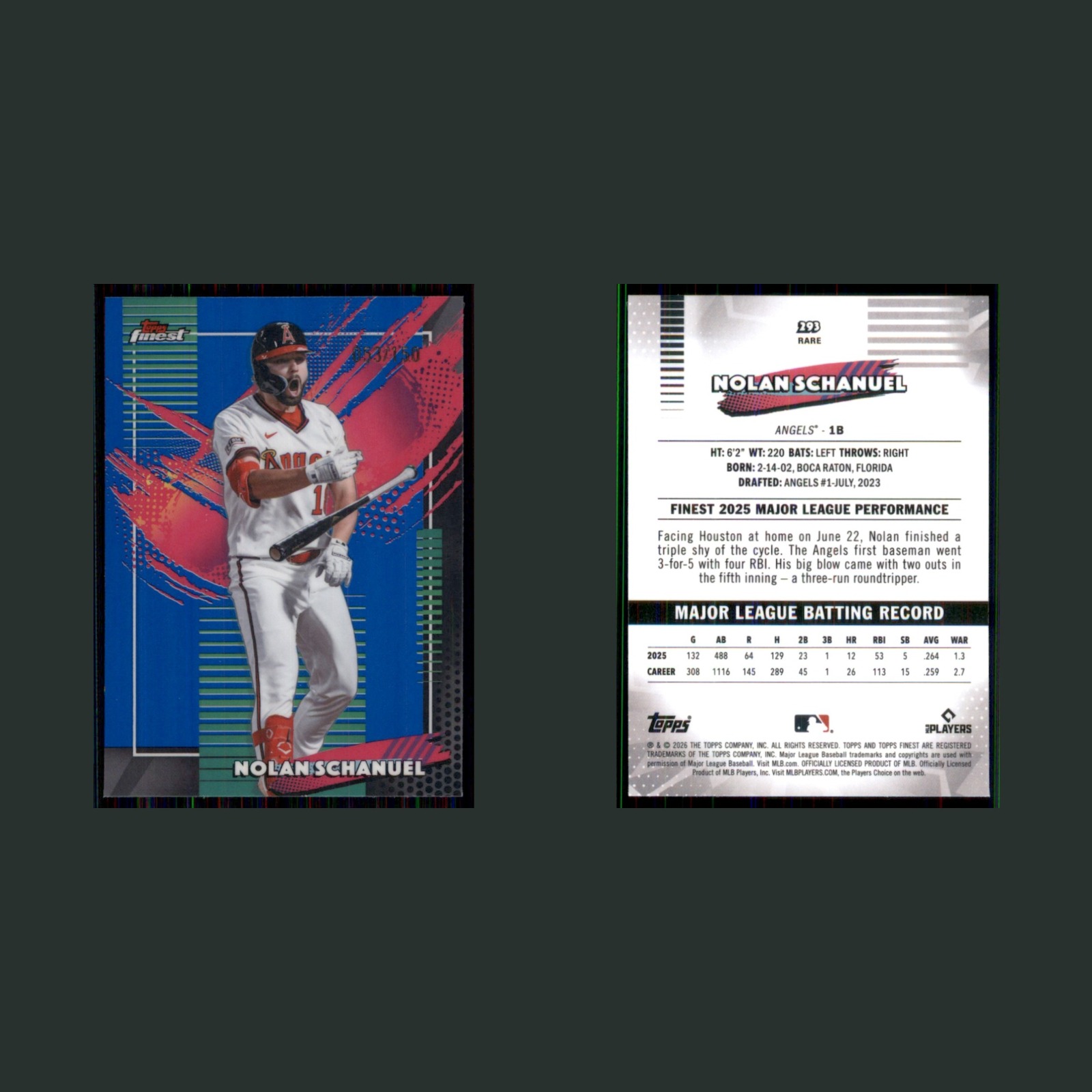 Nolan Schanuel /150 #293 2026 Finest Blue Refractor Los Angeles Angels Baseball front and back scans. Card condition is Near Mint.