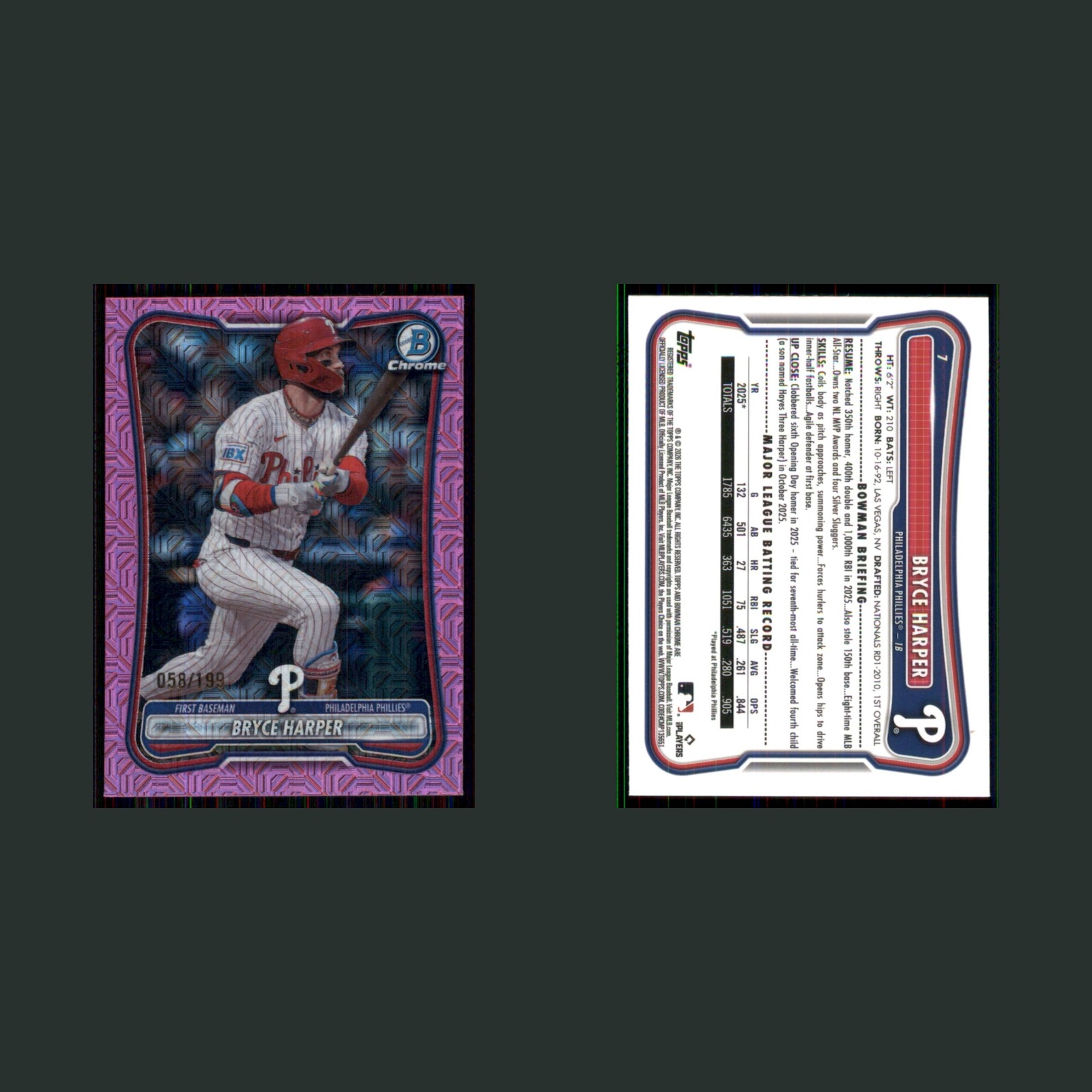 Bryce Harper /199 #7 2026 Bowman Chrome Mojo Pink Refractor Phillies Baseball front and back scans. Card condition is Near Mint.