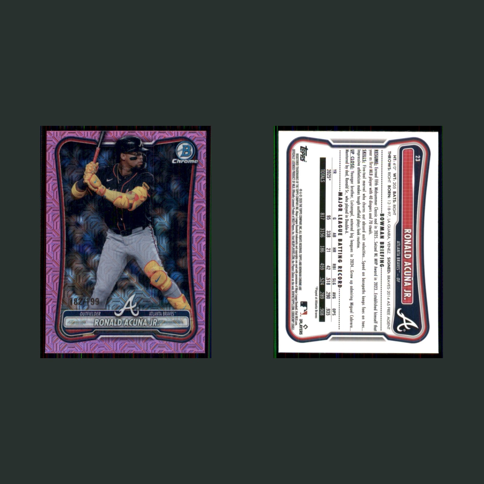 Ronald Acuna Jr /199 #23 2026 Bowman Chrome Mojo Pink Refractor Atlanta Braves front and back scans. Card condition is Near Mint.
