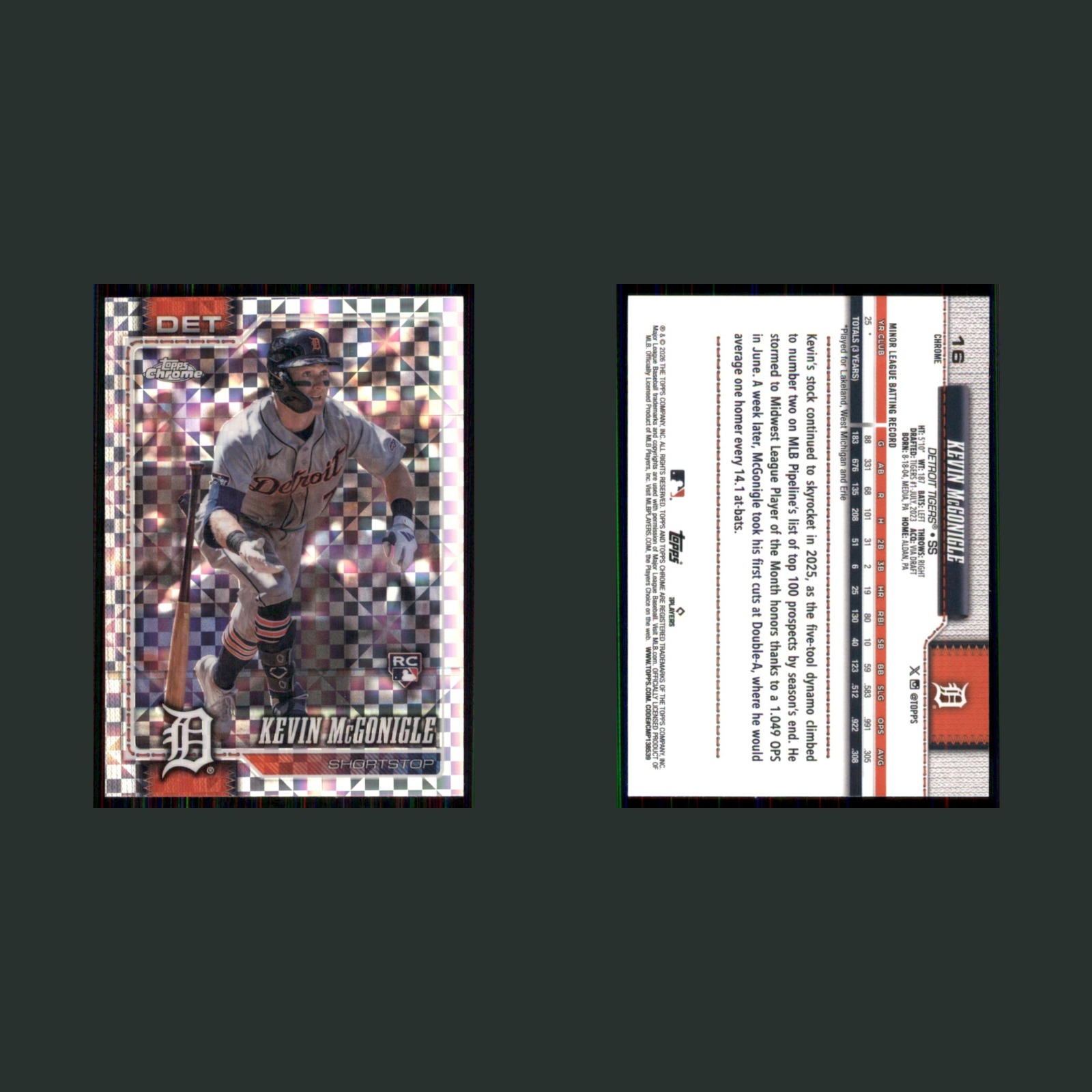 Kevin McGonigle Rookie #16 2026 Topps Chrome Detroit Tigers Baseball Card MLB front and back scans. Card condition is Near Mint.