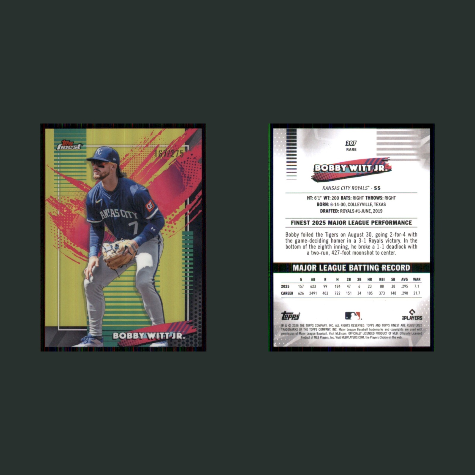 Bobby Witt Jr /275 #207 2026 Finest Yellow Refractor Kansas City Royals Baseball front and back scans. Card condition is Near Mint.