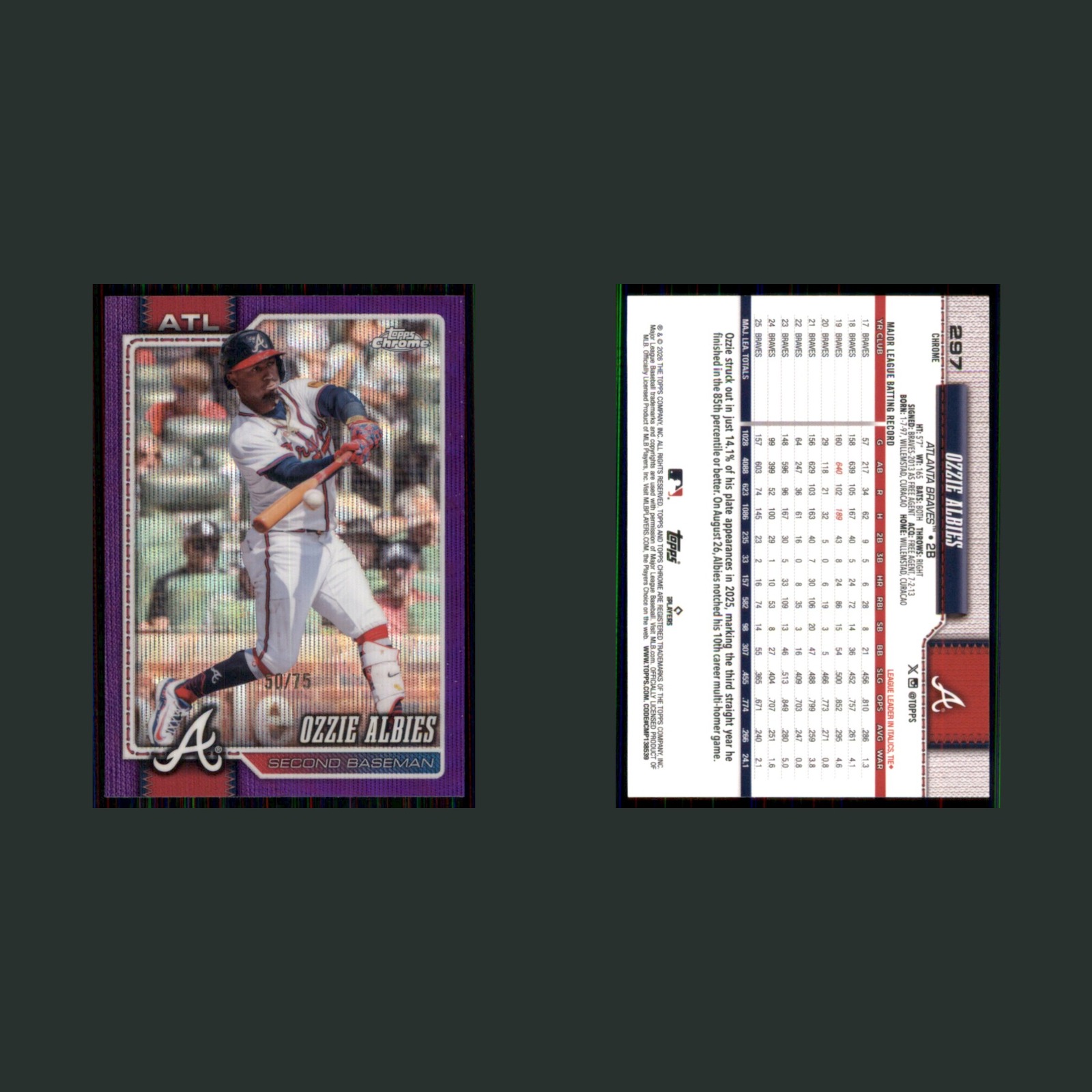 Ozzie Albies /75 #297 2026 Topps Chrome Purple Refractor Atlanta Braves Baseball front and back scans. Card condition is Near Mint.