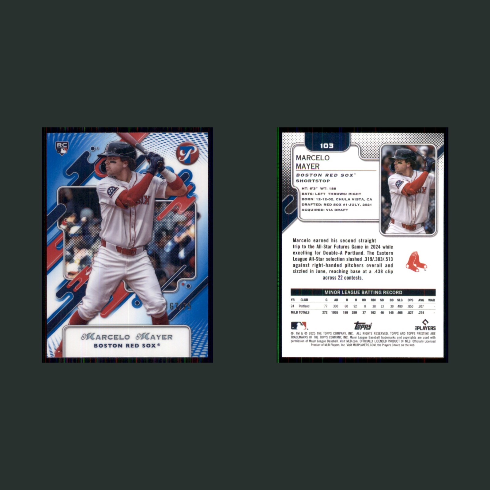 Marcelo Mayer Rookie /75 #103 2025 Topps Pristine Blue Refractor Boston Red Sox front and back scans. Card condition is Near Mint.