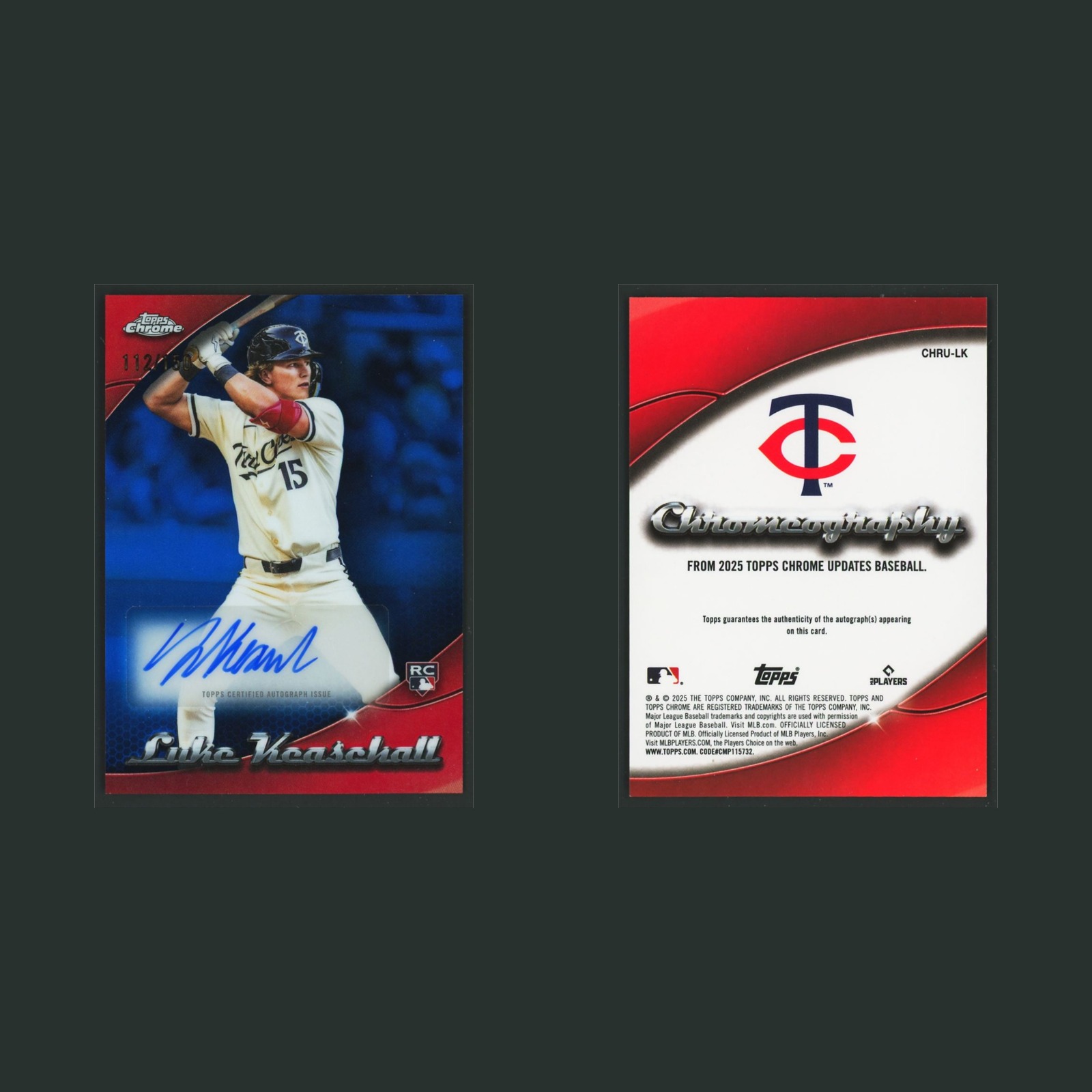 Luke Keaschall Rookie /150 #CHRU-LK Autograph 2025 Minnesota Twins Baseball Card front and back scans. Card condition is Near Mint.