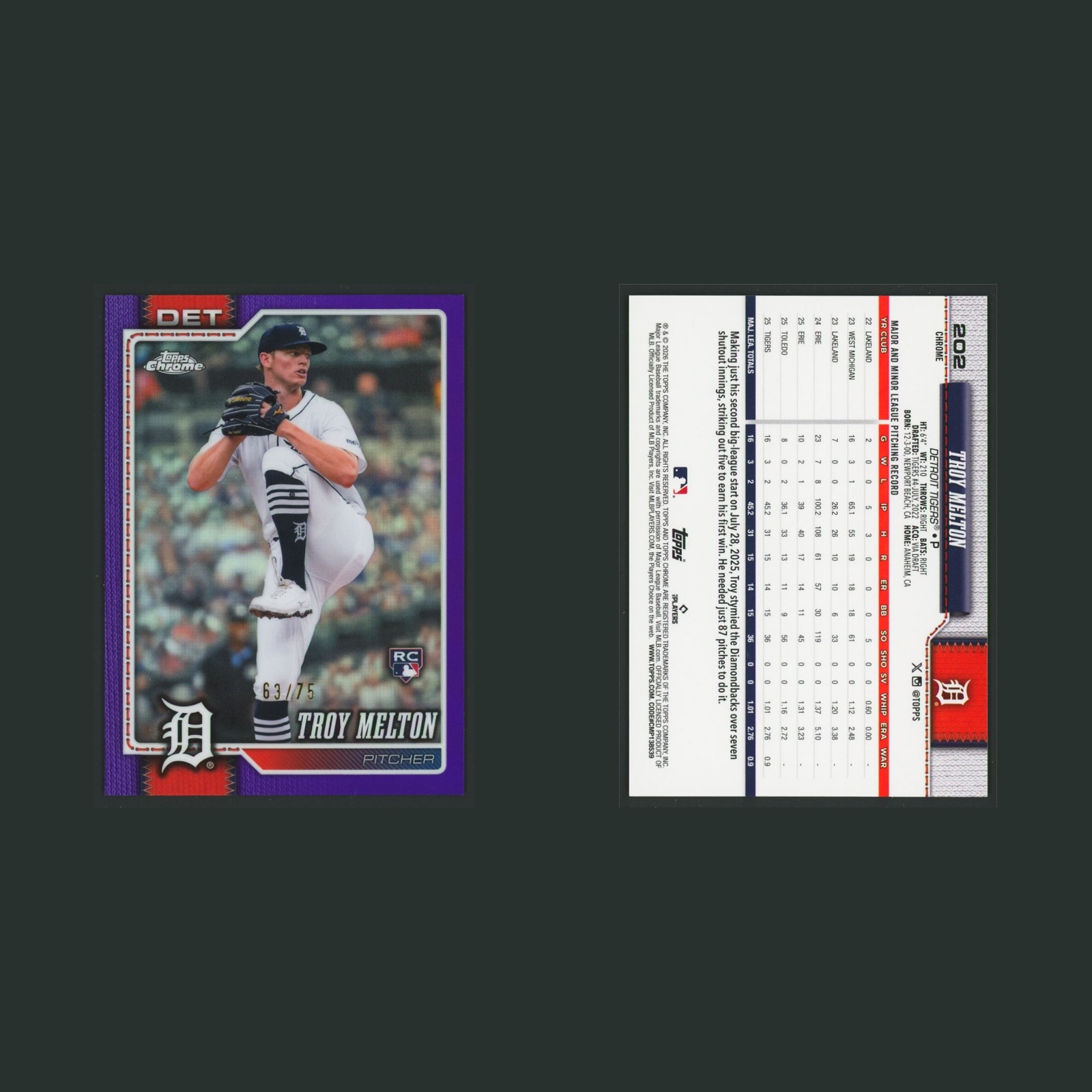 Troy Melton Rookie /75 #202 2026 Topps Chrome Purple Refractor Detroit Tigers front and back scans. Card condition is Near Mint.