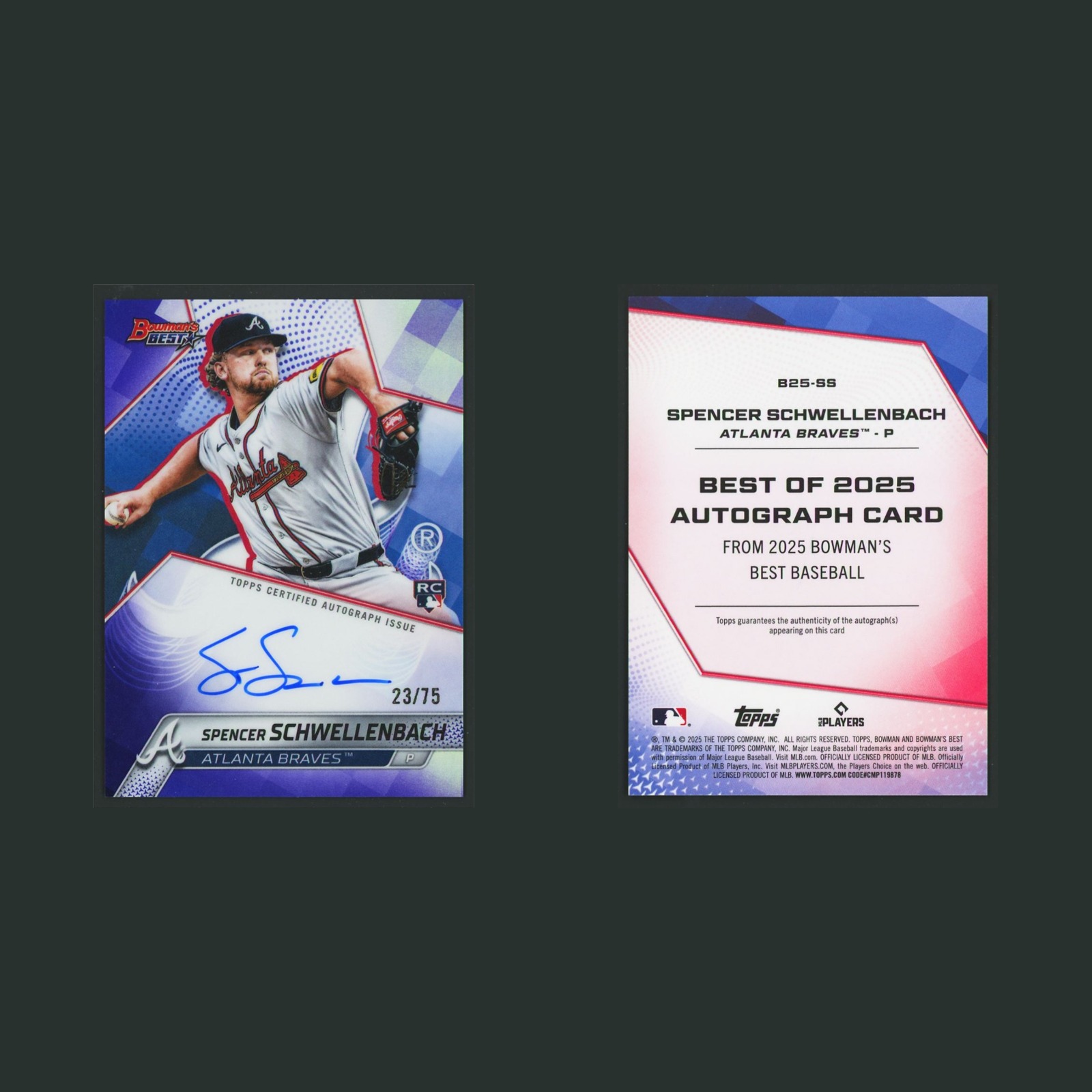 Spencer Schwellenbach Rookie /75 #B25-SS Autograph 2025 Atlanta Braves Baseball front and back scans. Card condition is Near Mint.