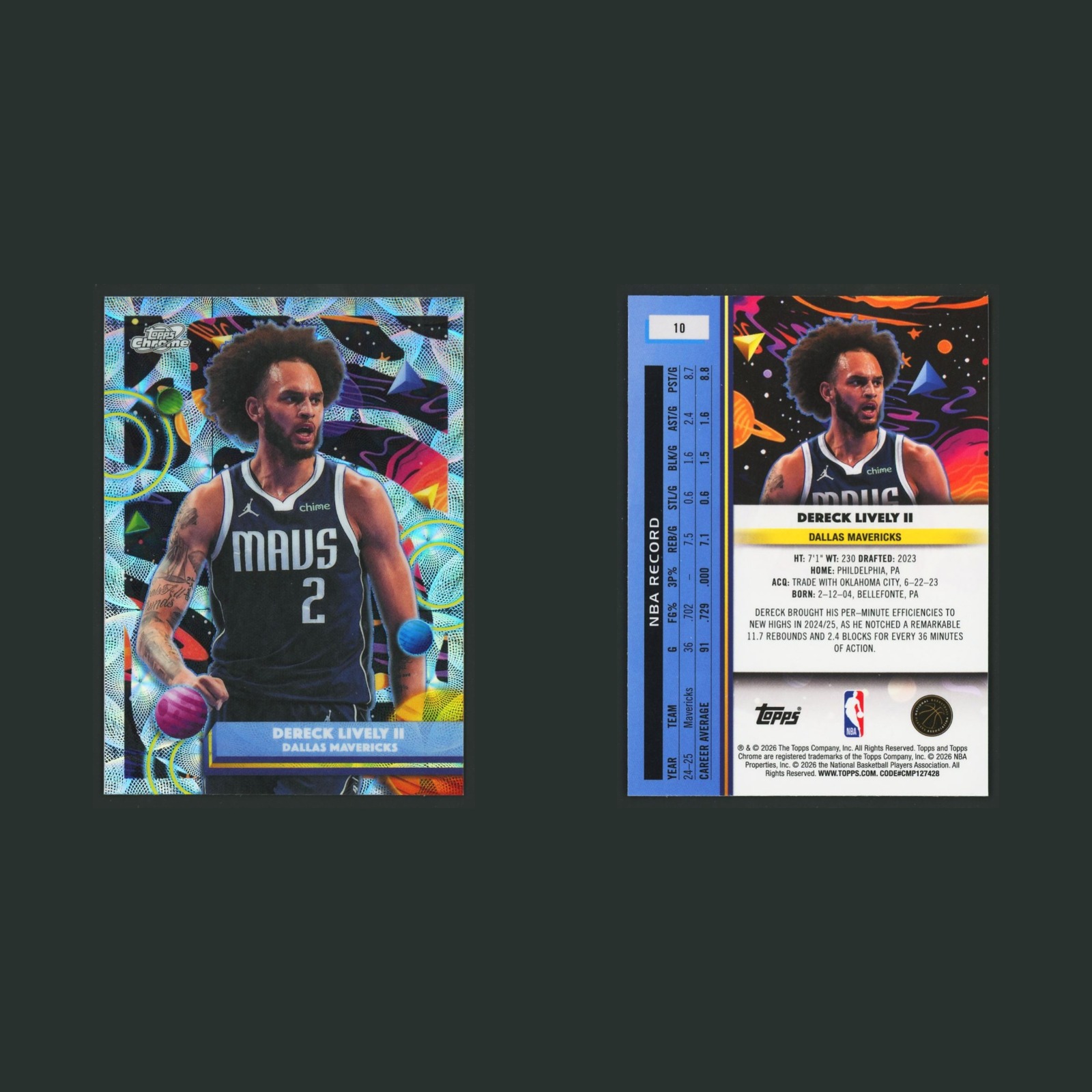 Dereck Lively II #10 2026-27 Topps Chrome Cosmic Nucleus Refractor Mavericks NBA front and back scans. Card condition is Near Mint.