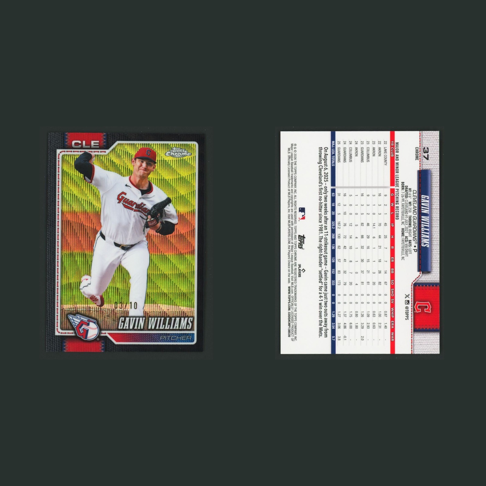 Gavin Williams /10 #37 2026 Topps Chrome Black Wave Refractor Guardians Baseball front and back scans. Card condition is Near Mint.