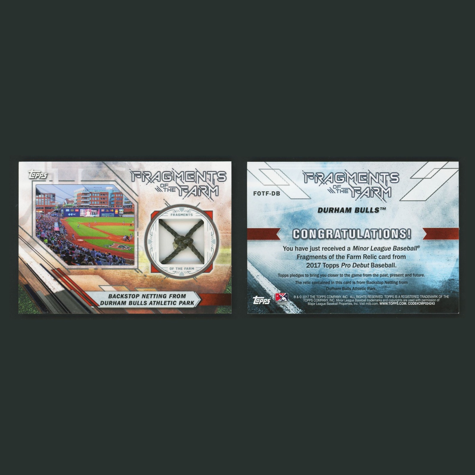 Backstop Netting from Durham Bulls Athletic Park #FOTF-DB 2017 Durham Bulls Card front and back scans. Card condition is Near Mint.