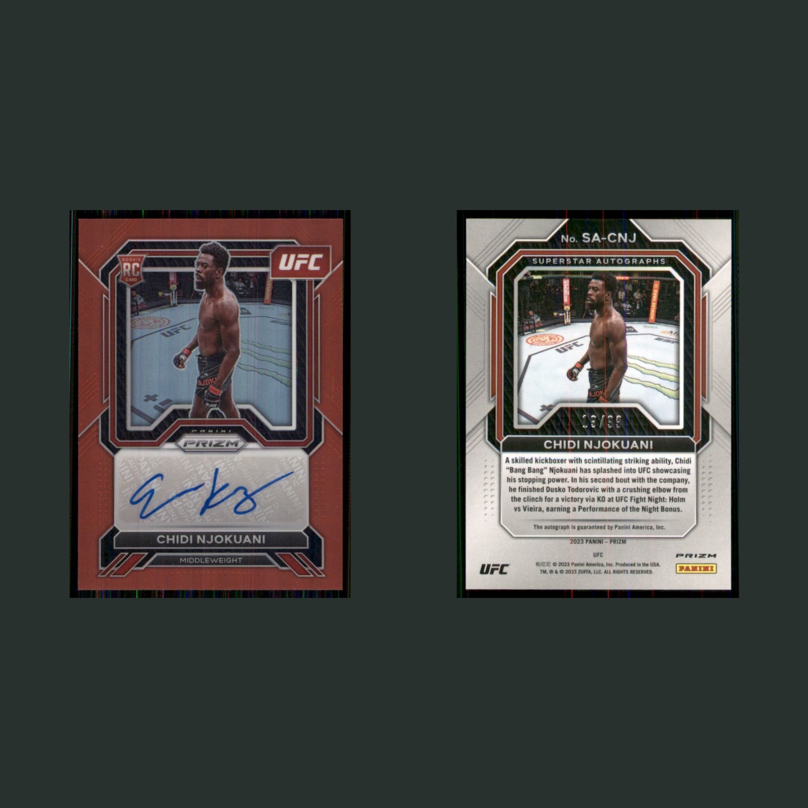 Chidi Njokuani Rookie /99 #SA-CNJ 2023 Panini Prizm UFC Red MMA Card front and back scans. Card condition is Near Mint.