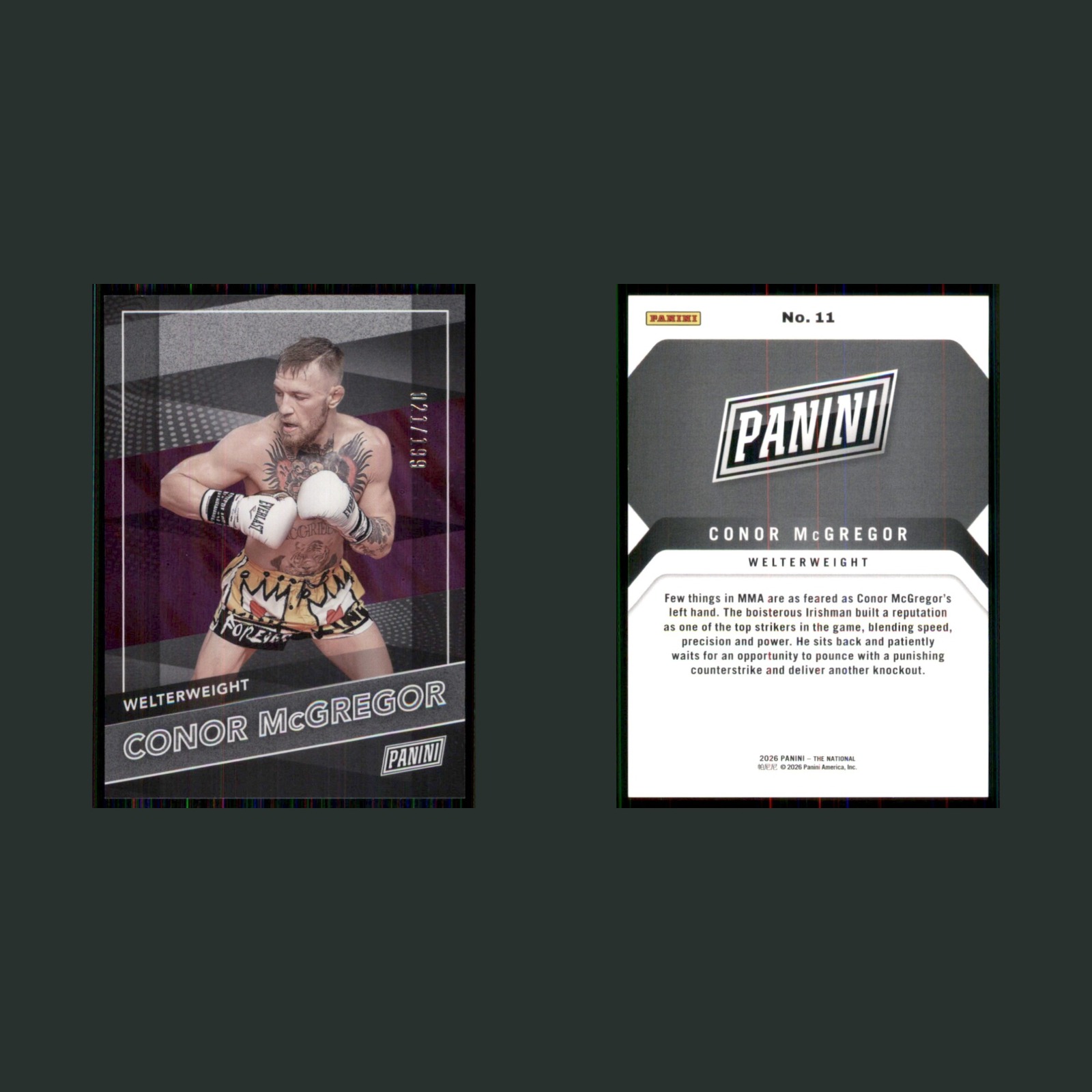 Conor McGregor /199 #11 2026 Panini The National MMA Card front and back scans. Card condition is Near Mint.