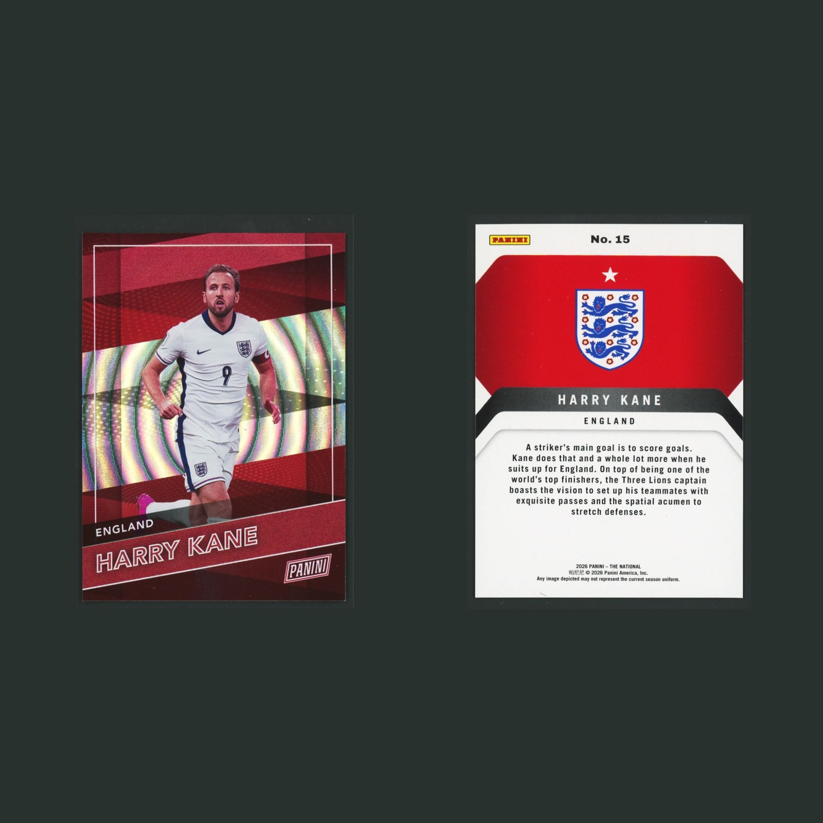 Harry Kane #15 2026 Panini The National Swirl Holo England Soccer Card front and back scans. Card condition is Near Mint.