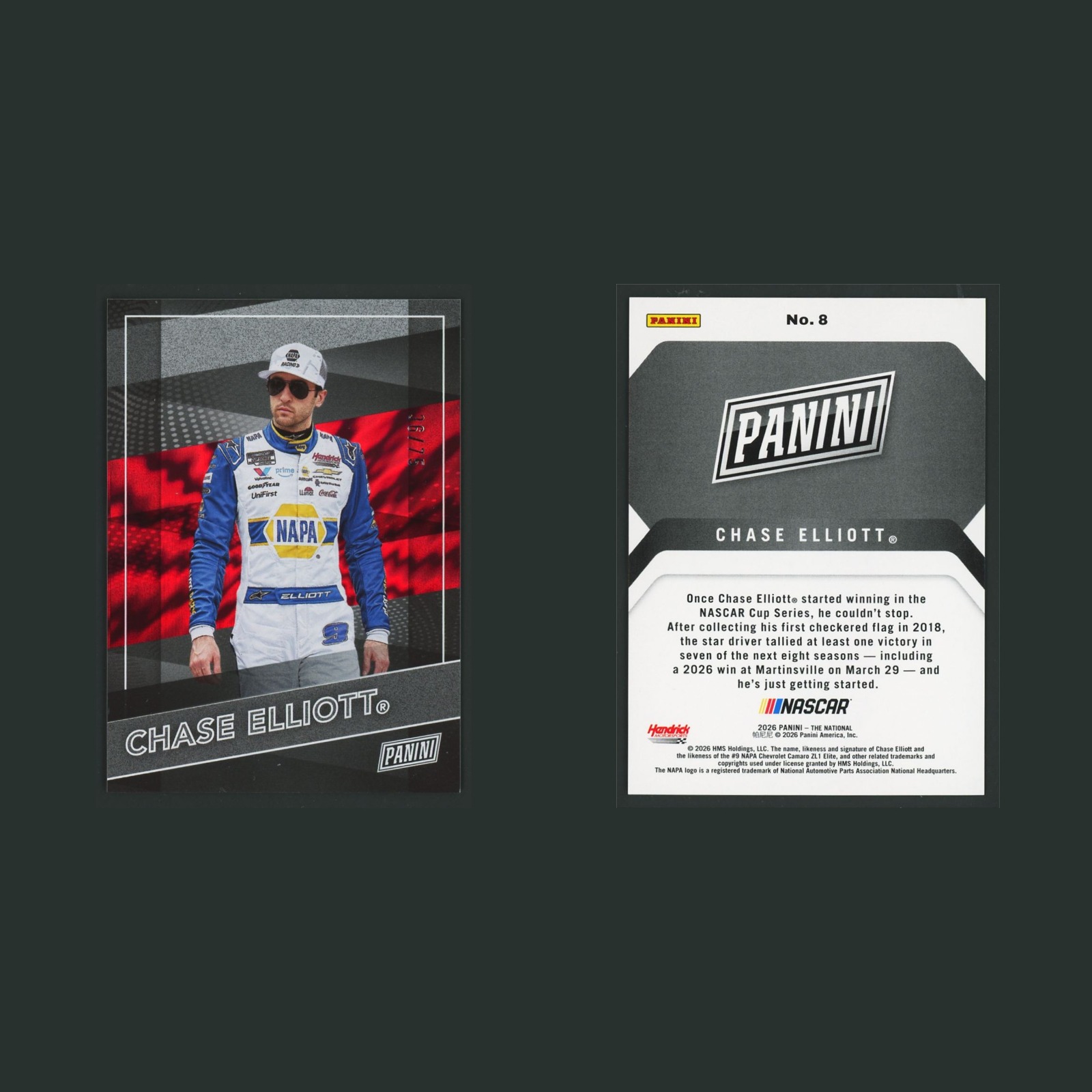 Chase Elliott /75 #8 2026 Panini The National Red Racing Card front and back scans. Card condition is Near Mint.
