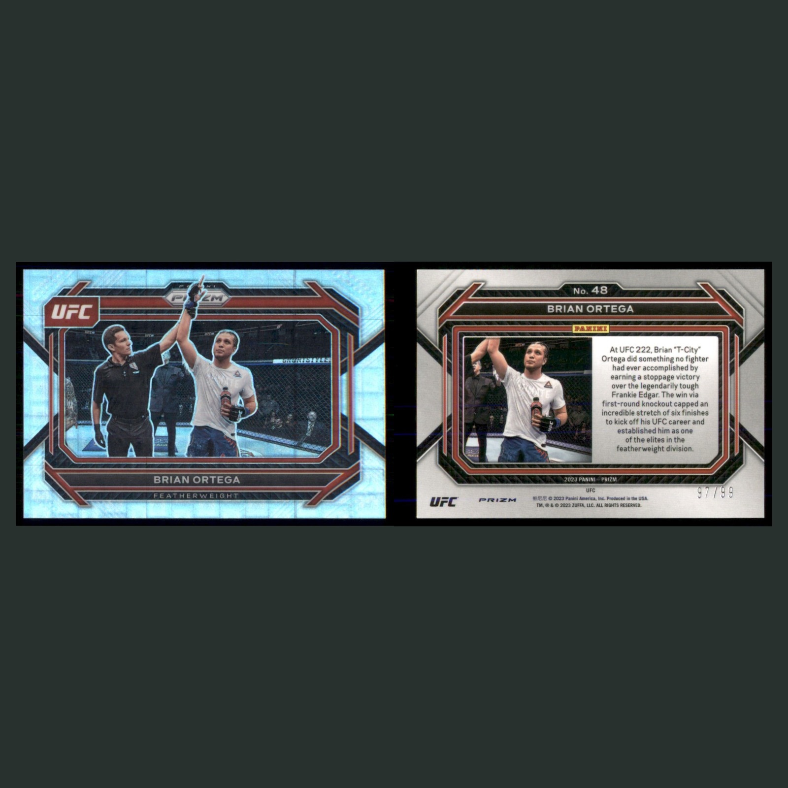Brian Ortega /99 #48 2023 Panini Prizm UFC Pandora MMA Card front and back scans. Card condition is Near Mint.
