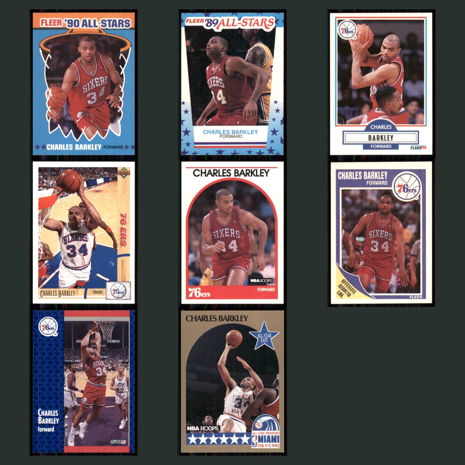 Charles Barkley Lot 8 Basketball Cards 1990 Fleer Philadelphia 76ers Set NBA NM card scans. Overall card condition is Near Mint.