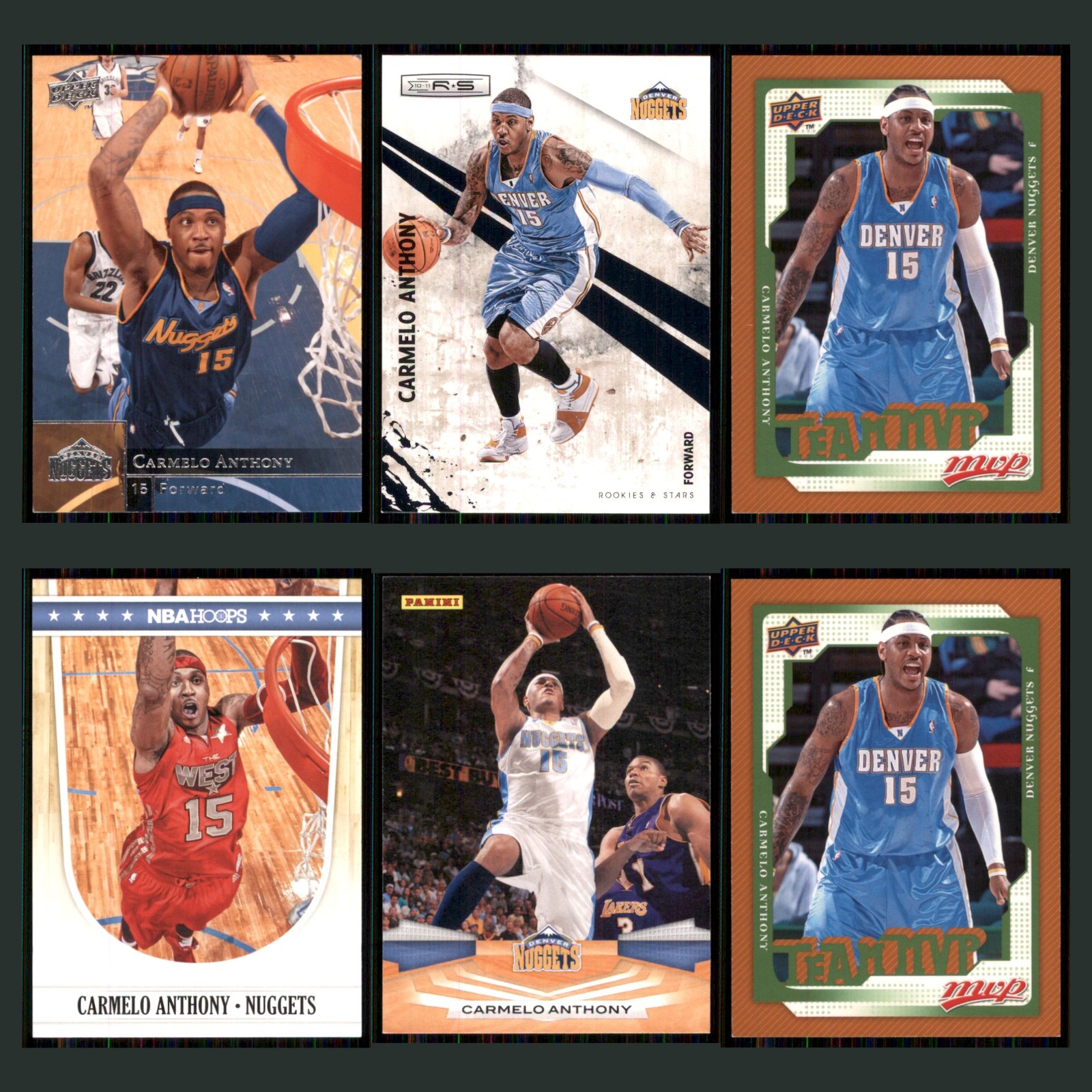 Carmelo Anthony Lot 6 Basketball Cards 2009 Upper Deck Denver Nuggets Set NBA NM card scans. Overall card condition is Near Mint.