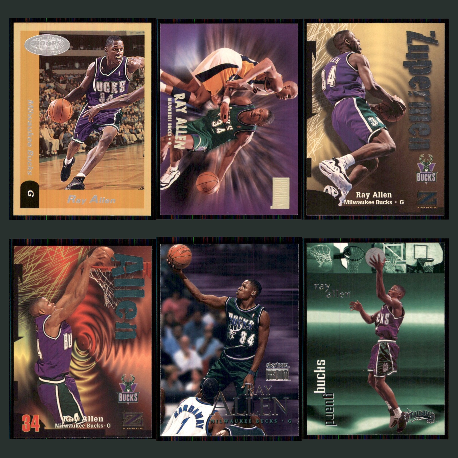 Ray Allen Lot 6 Basketball Cards 2000 Hoops Hot Prospects Milwaukee Bucks Set NM card scans. Overall card condition is Near Mint.