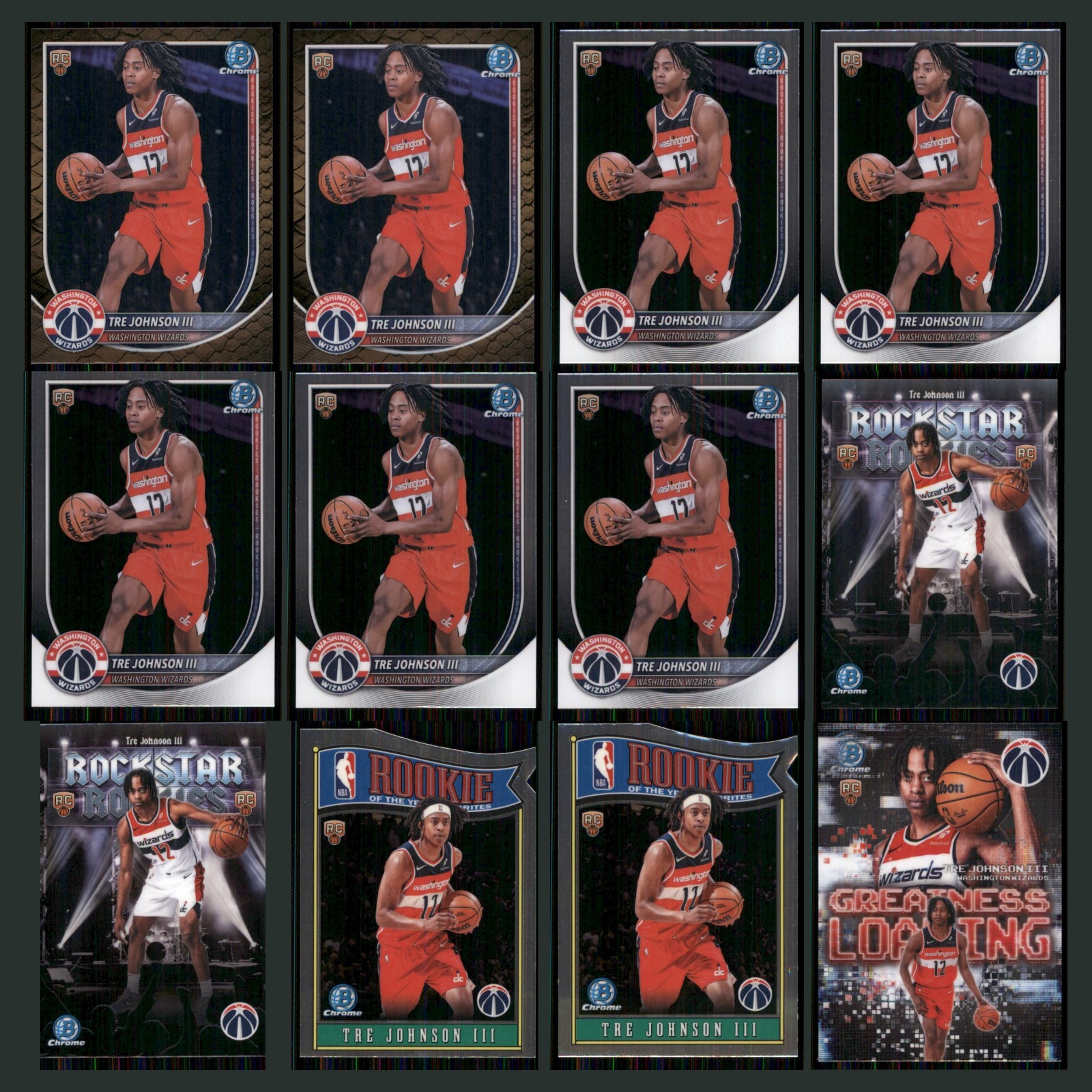 Tre Johnson III Rookie Lot 12 Basketball Cards 2025 Washington Wizards Set NBA card scans. Overall card condition is Near Mint.