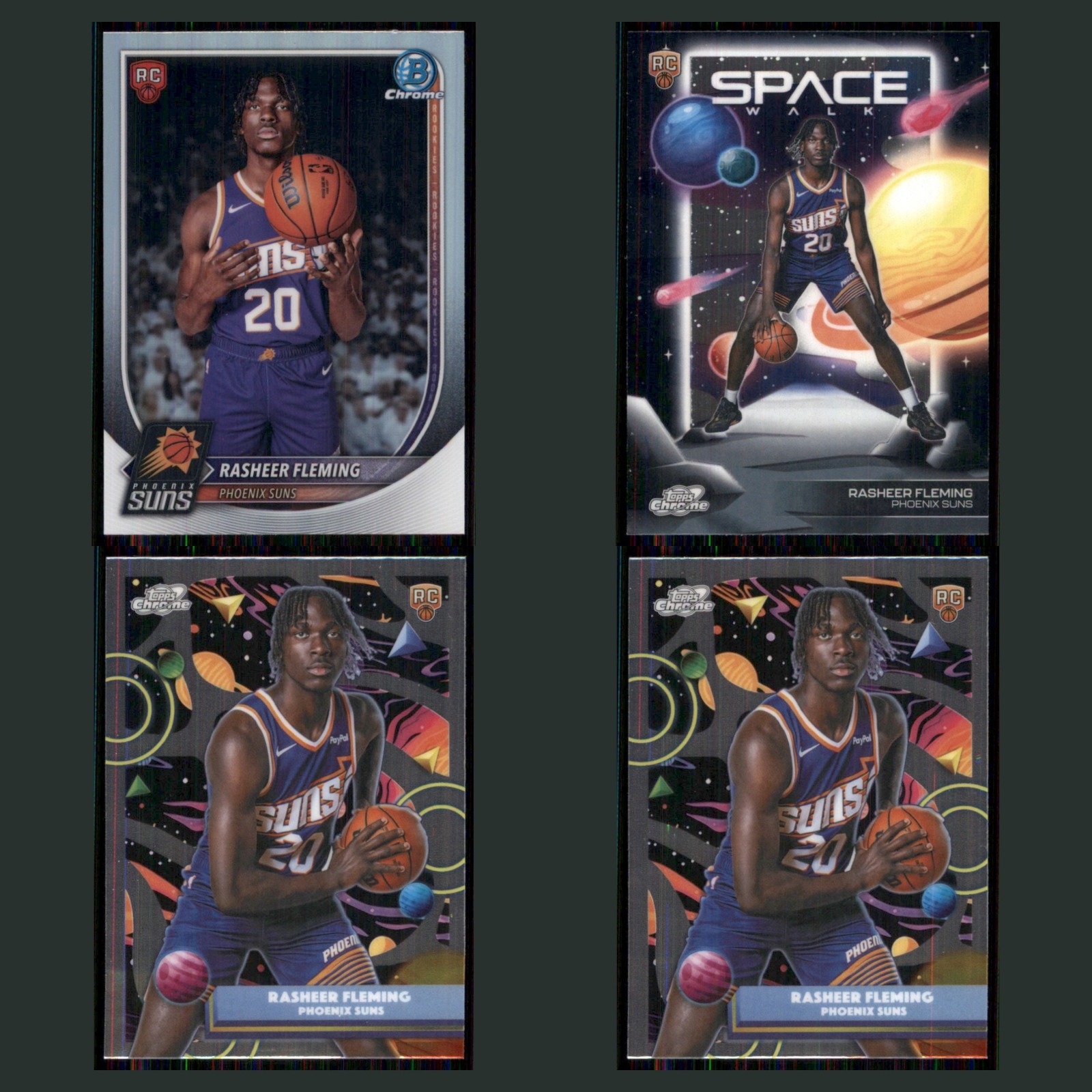 Rasheer Fleming Rookie Lot 4 Basketball Cards 2025 Bowman Chrome Red Rookie Suns card scans. Overall card condition is Near Mint.