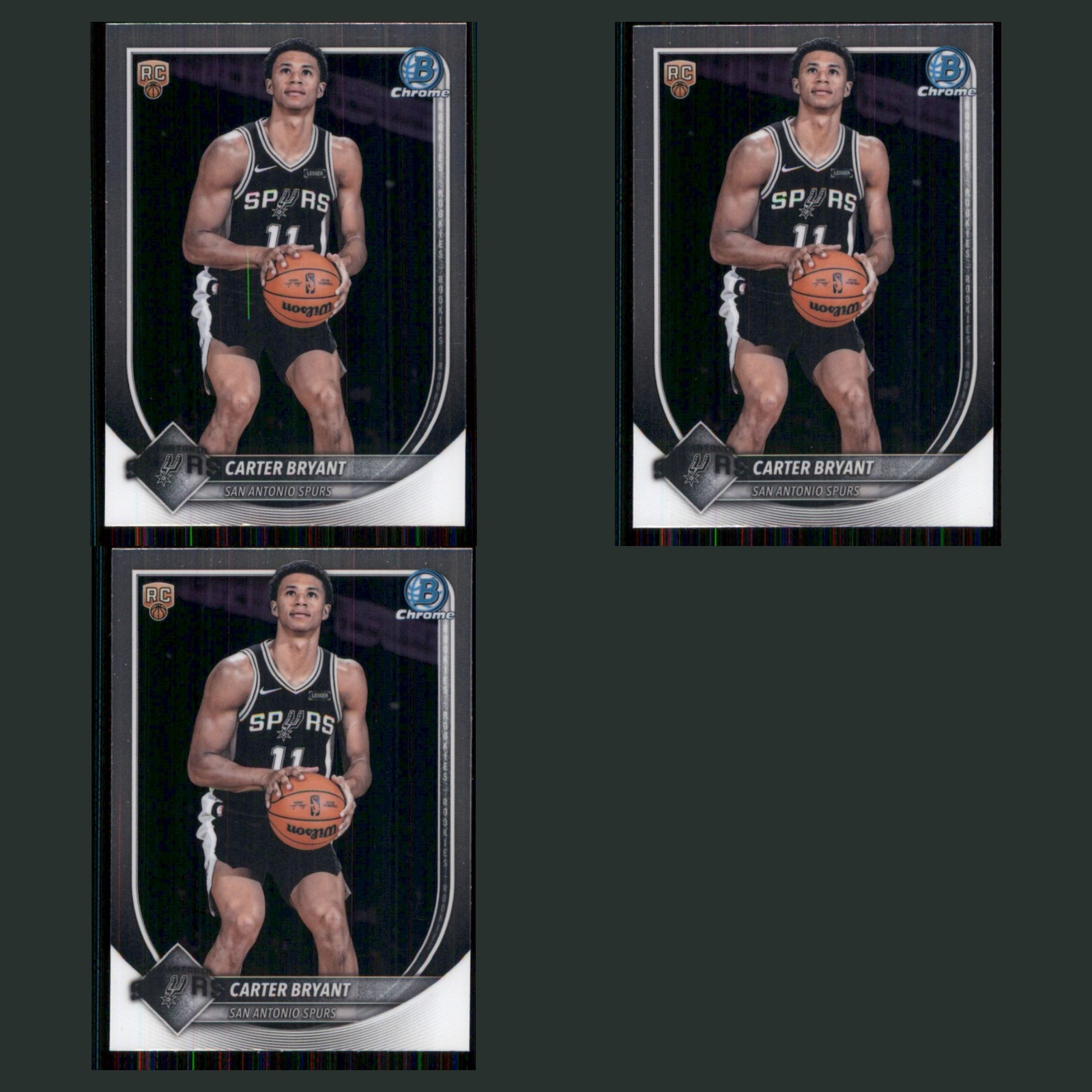 Carter Bryant Rookie Lot 3 Basketball Cards 2025 Bowman Chrome San Antonio Spurs card scans. Overall card condition is Near Mint.
