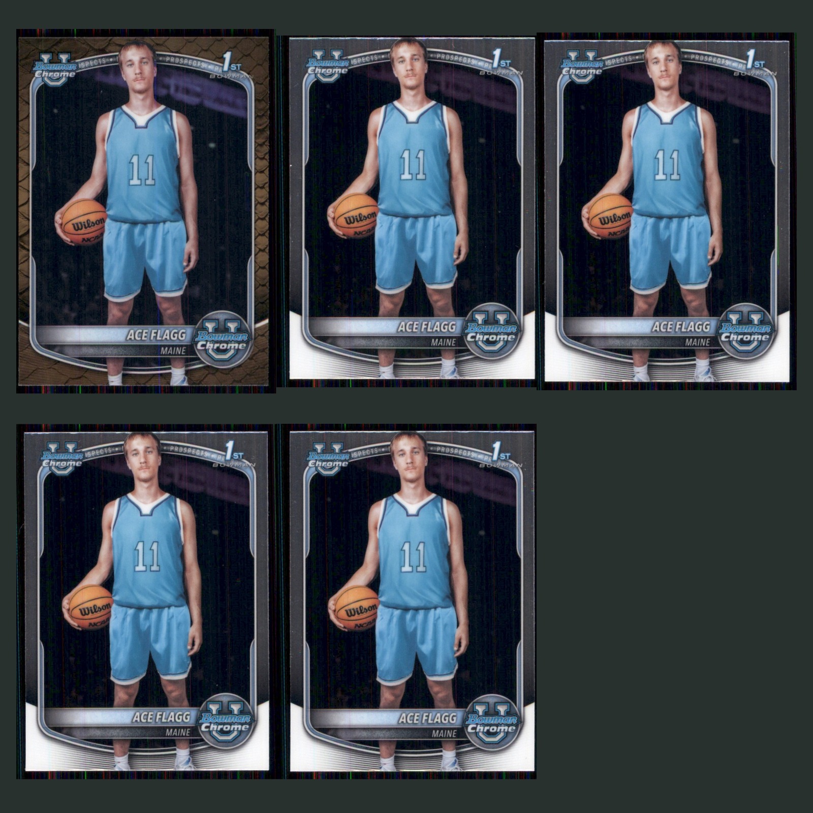 Ace Flagg Rookie Lot 5 Basketball Cards 2025 Maine Black Bears Set Collection NM card scans. Overall card condition is Near Mint.