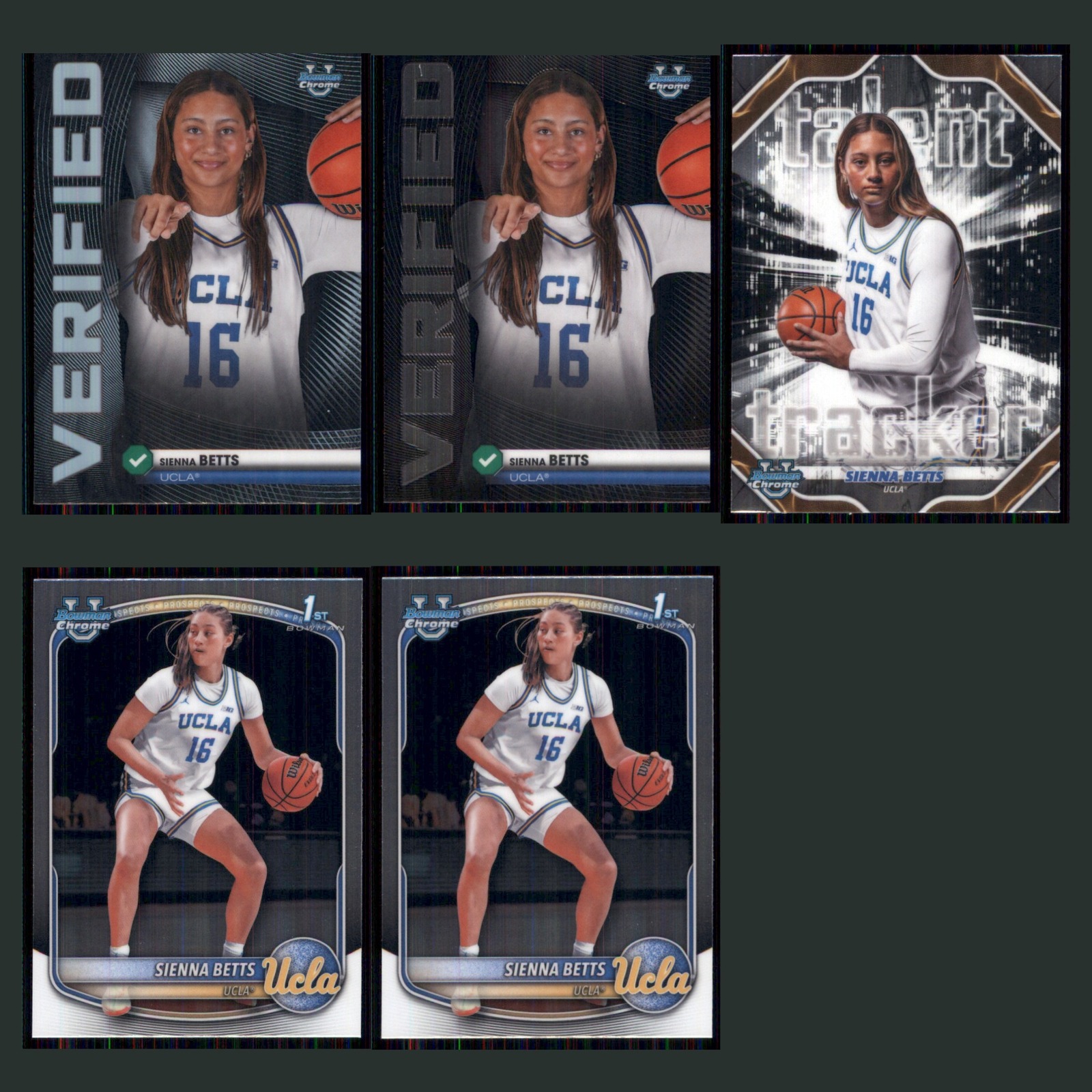 Sienna Betts Rookie Lot 5 Basketball Cards 2025 Bowman Chrome U Verified Set NBA card scans. Overall card condition is Near Mint.