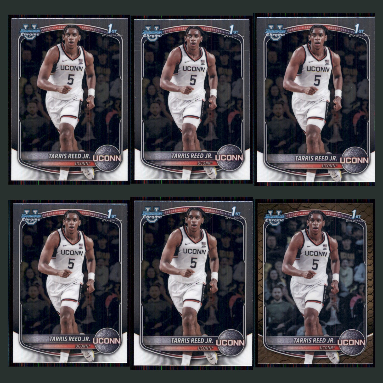 Tarris Reed Jr Rookie Lot 6 Basketball Cards 2025 Bowman Chrome Prospects Set NM card scans. Overall card condition is Near Mint.
