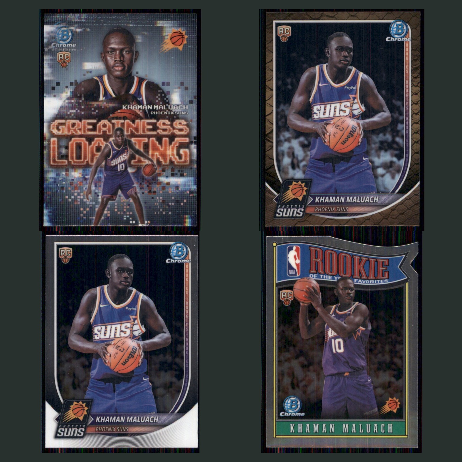 Khaman Maluach Rookie Lot 4 Basketball Cards 2025 Phoenix Suns Set Collection NM card scans. Overall card condition is Near Mint.