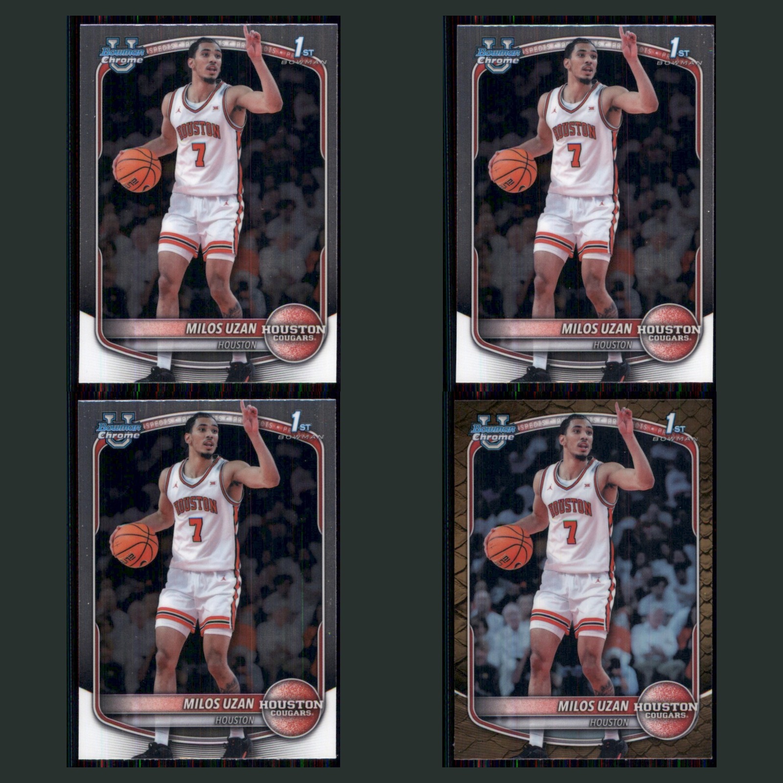 Milos Uzan Rookie Lot 4 Basketball Cards 2025 Bowman Chrome Prospects Set NBA NM card scans. Overall card condition is Near Mint.