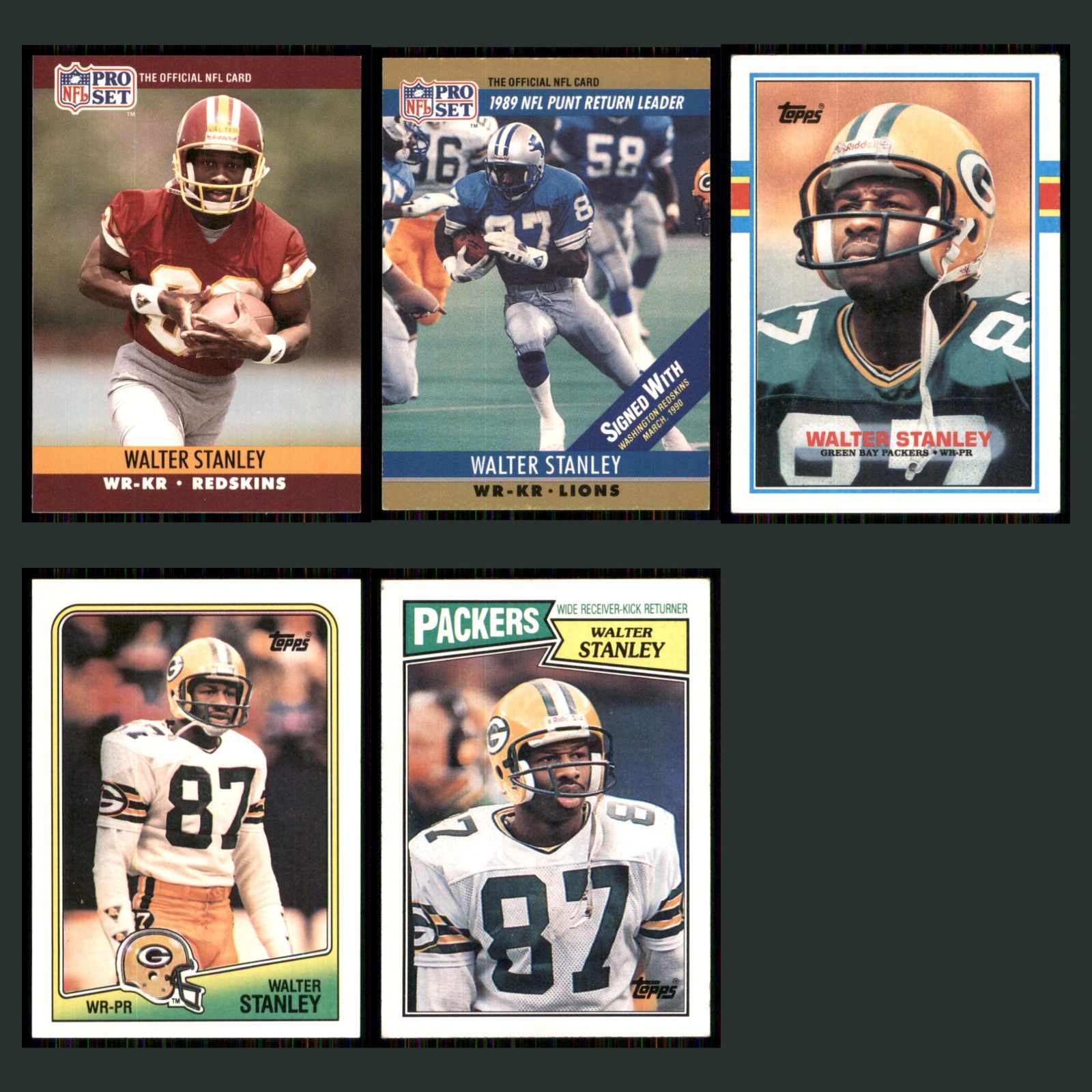 Walter Stanley Lot 5 Football Cards 1990 Pro Set Washington Redskins Set NFL EX card scans. Overall card condition is Excellent.