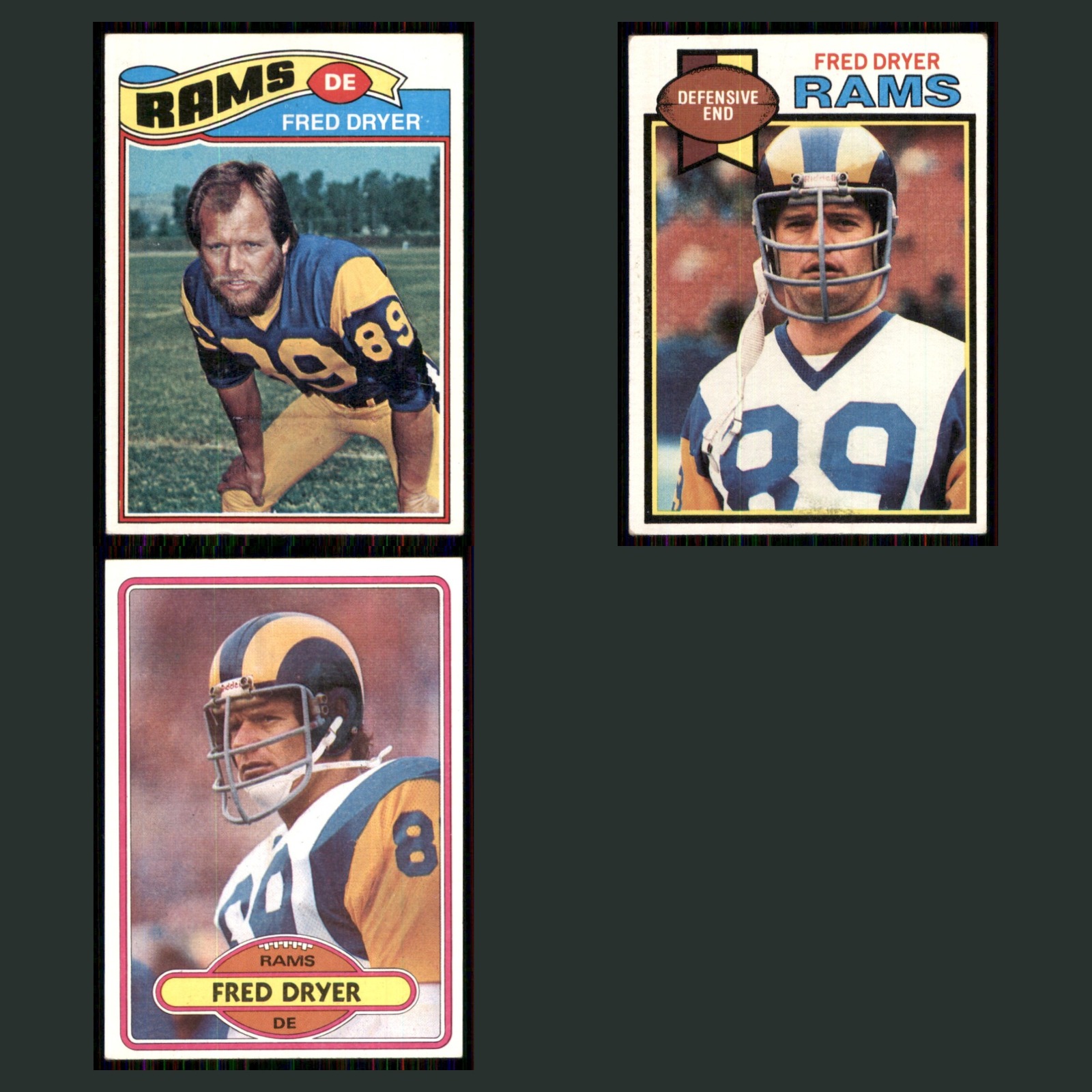 Fred Dryer Lot 3 Football Cards 1977 Topps Los Angeles Rams Set Collection NFL card scans. Overall card condition is Excellent.