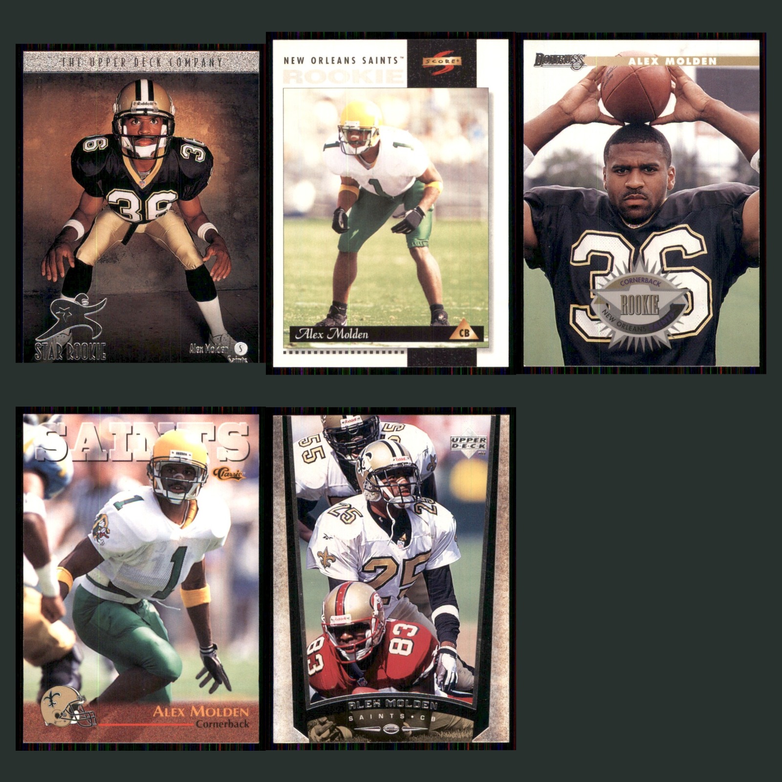 Alex Molden Rookie Lot 5 Football Cards 1996 Upper Deck New Orleans Saints Set card scans. Overall card condition is Excellent.