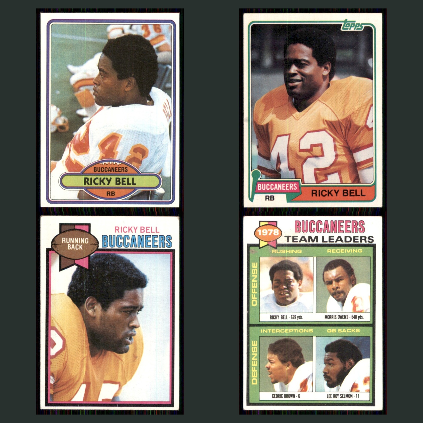 Ricky Bell Lot 4 Football Cards 1980 Topps Tampa Bay Buccaneers Set Collection card scans. Overall card condition is Excellent.