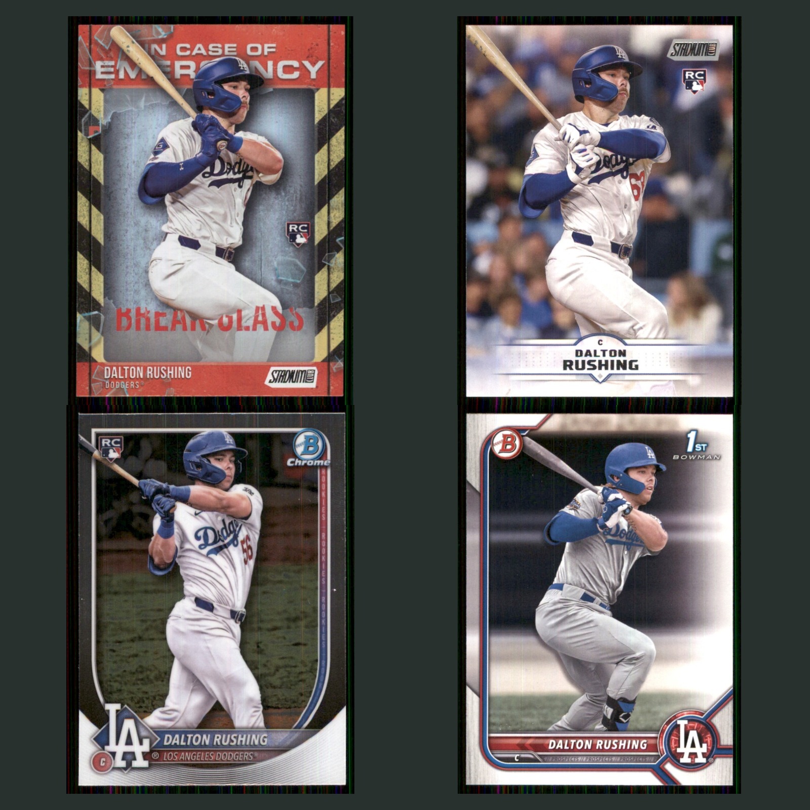 Dalton Rushing Rookie Lot 4 Baseball Cards 2025 Stadium Club Los Angeles Dodgers card scans. Overall card condition is Near Mint.