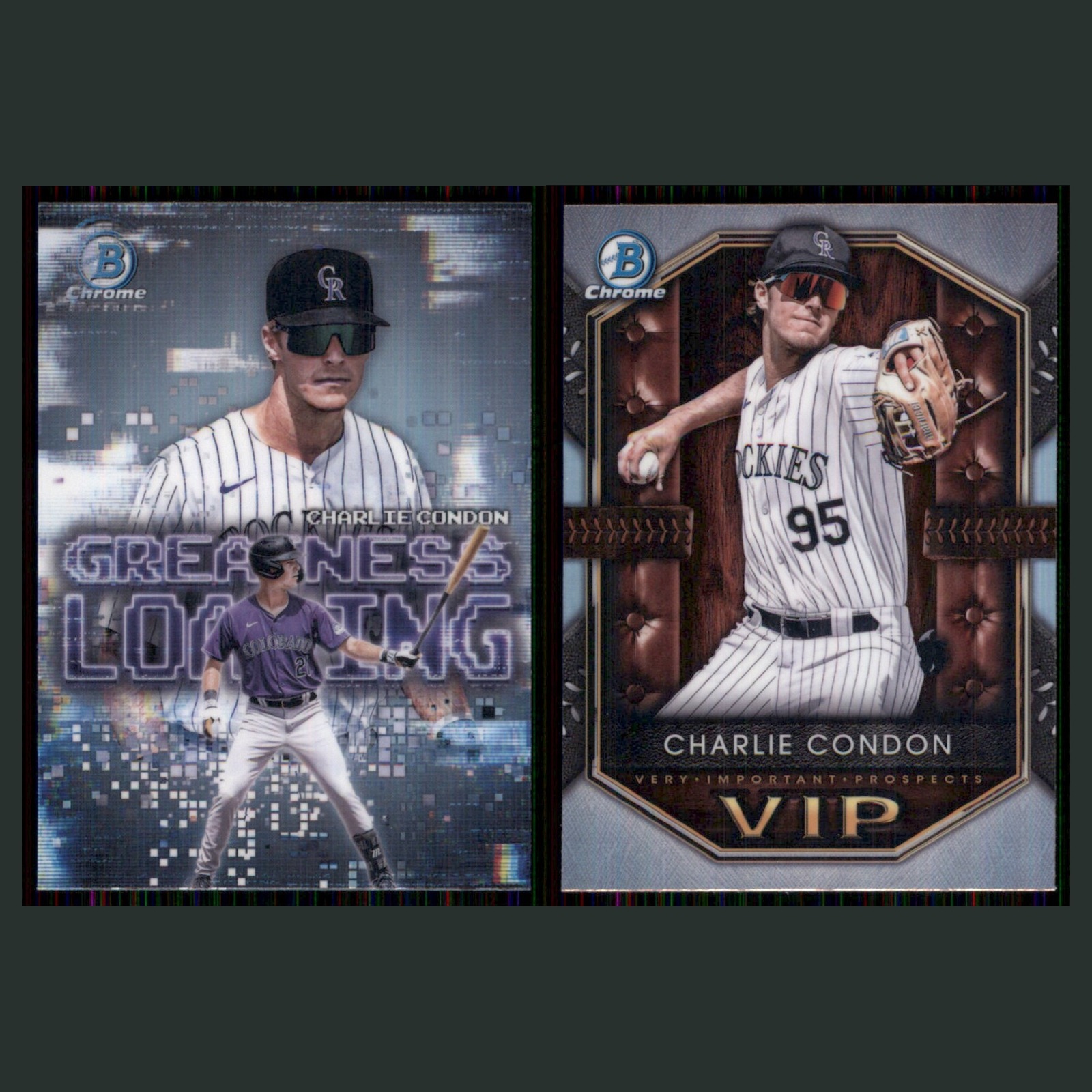 Charlie Condon Lot 2 Baseball Cards 2025 Bowman Greatness Loading Rockies Set NM card scans. Overall card condition is Near Mint.