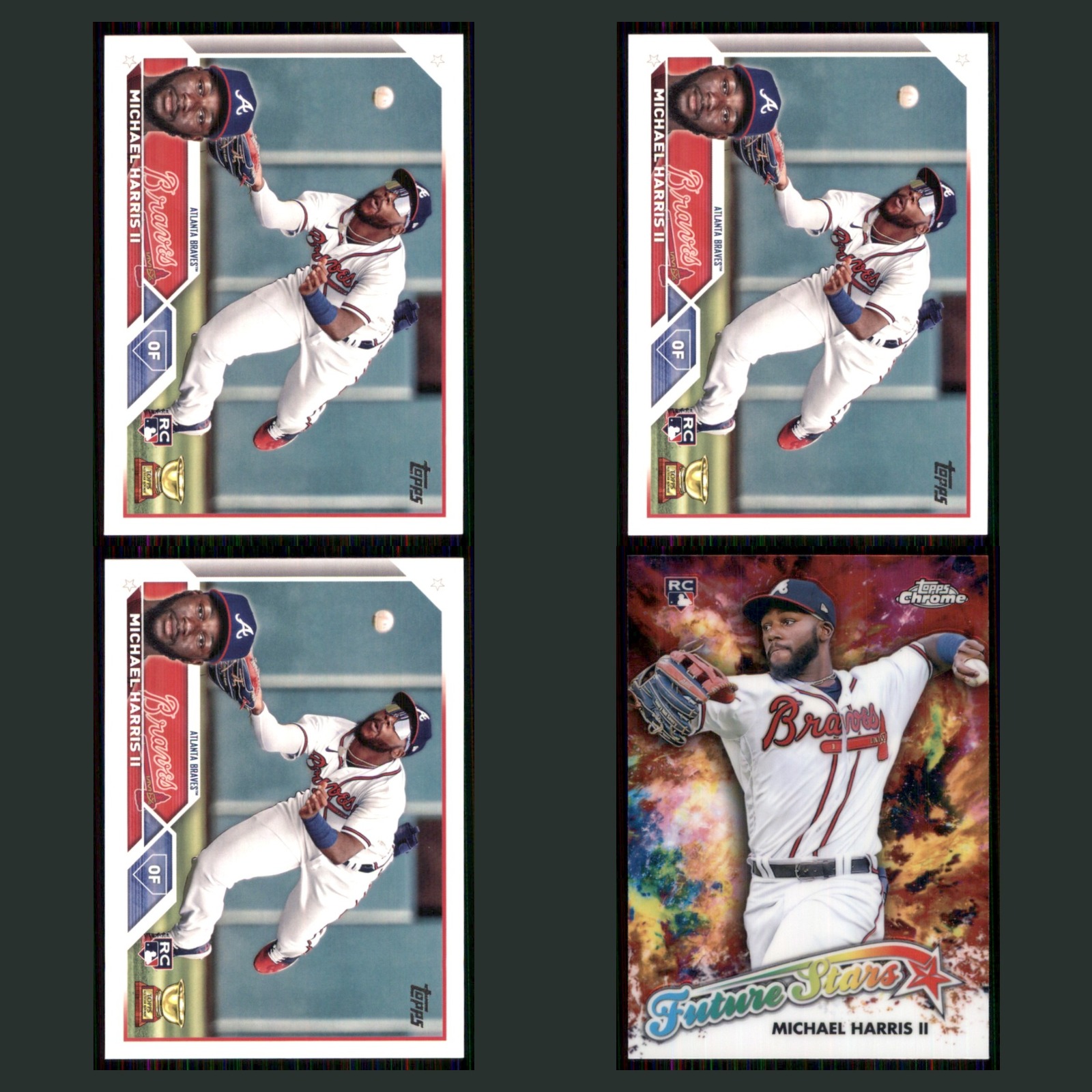 Michael Harris II Rookie Lot 4 Baseball Cards 2023 Topps Atlanta Braves Set MLB card scans. Overall card condition is Near Mint.