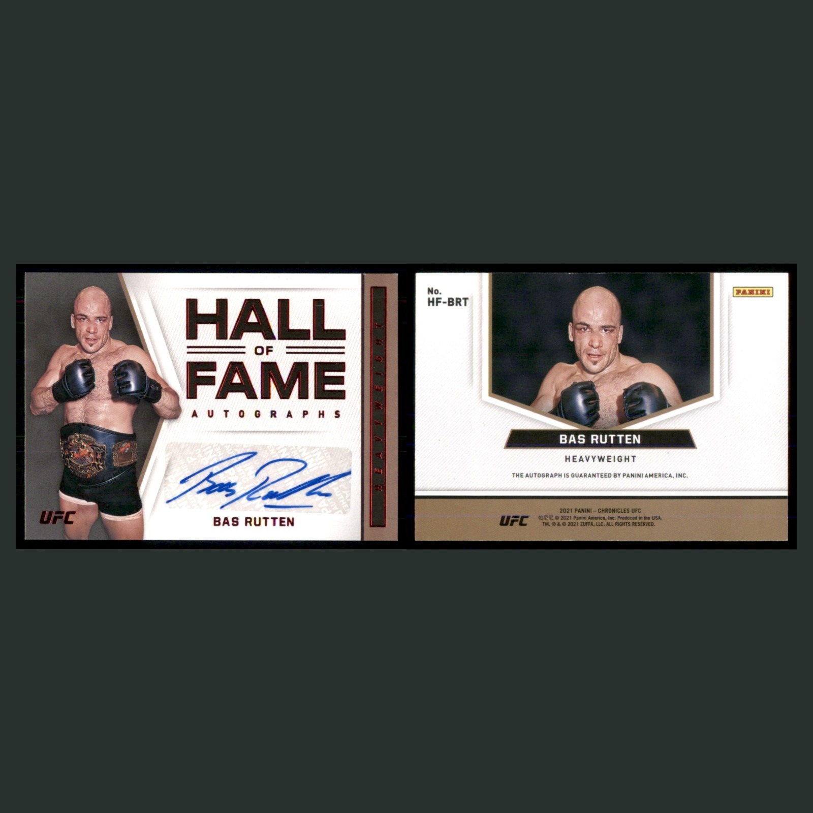Bas Rutten Auto #HF-BRT Autograph 2021 MMA Card front and back scans. Card condition is Near Mint.