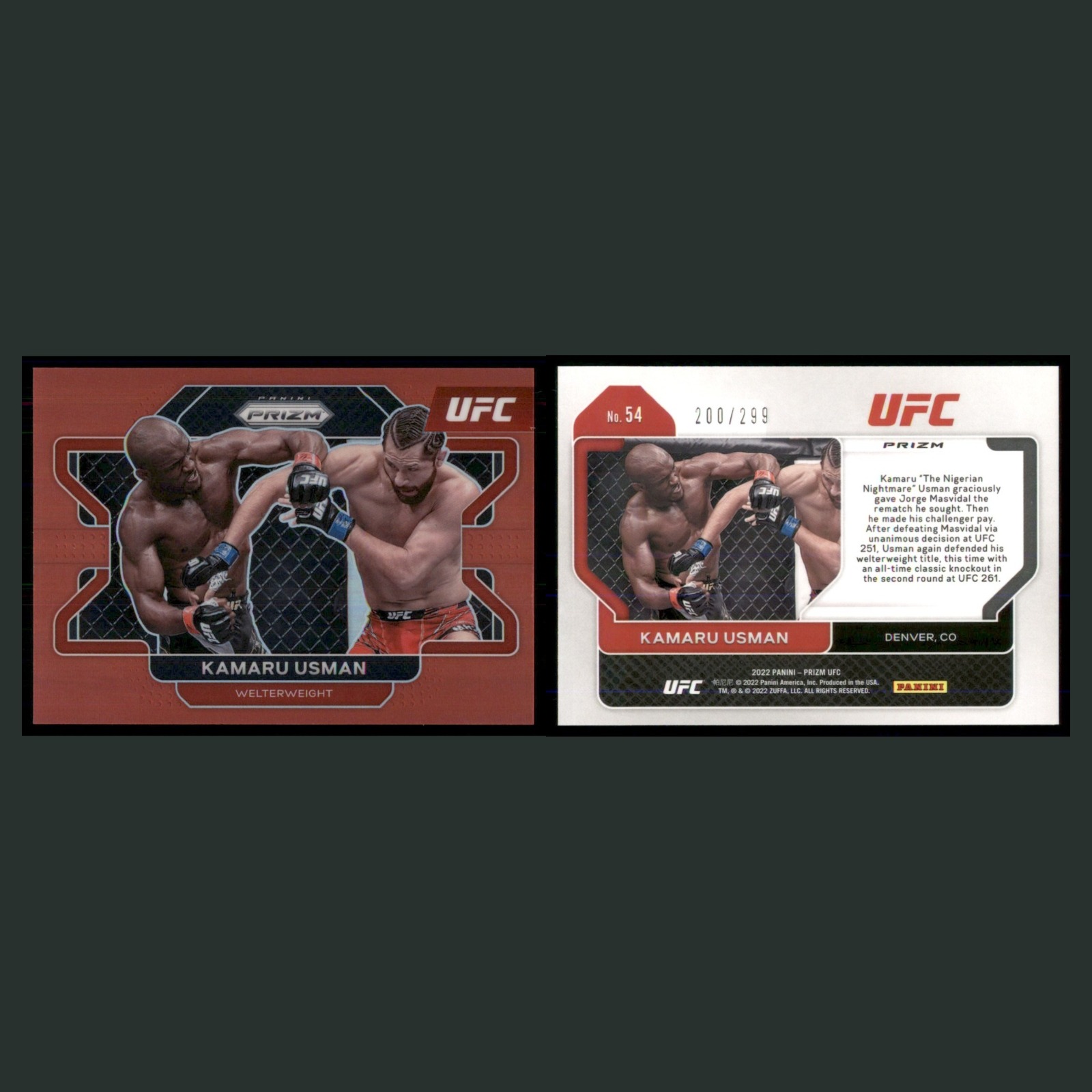 Kamaru Usman /299 #54 2022 Panini Prizm UFC Red MMA Card front and back scans. Card condition is Near Mint.