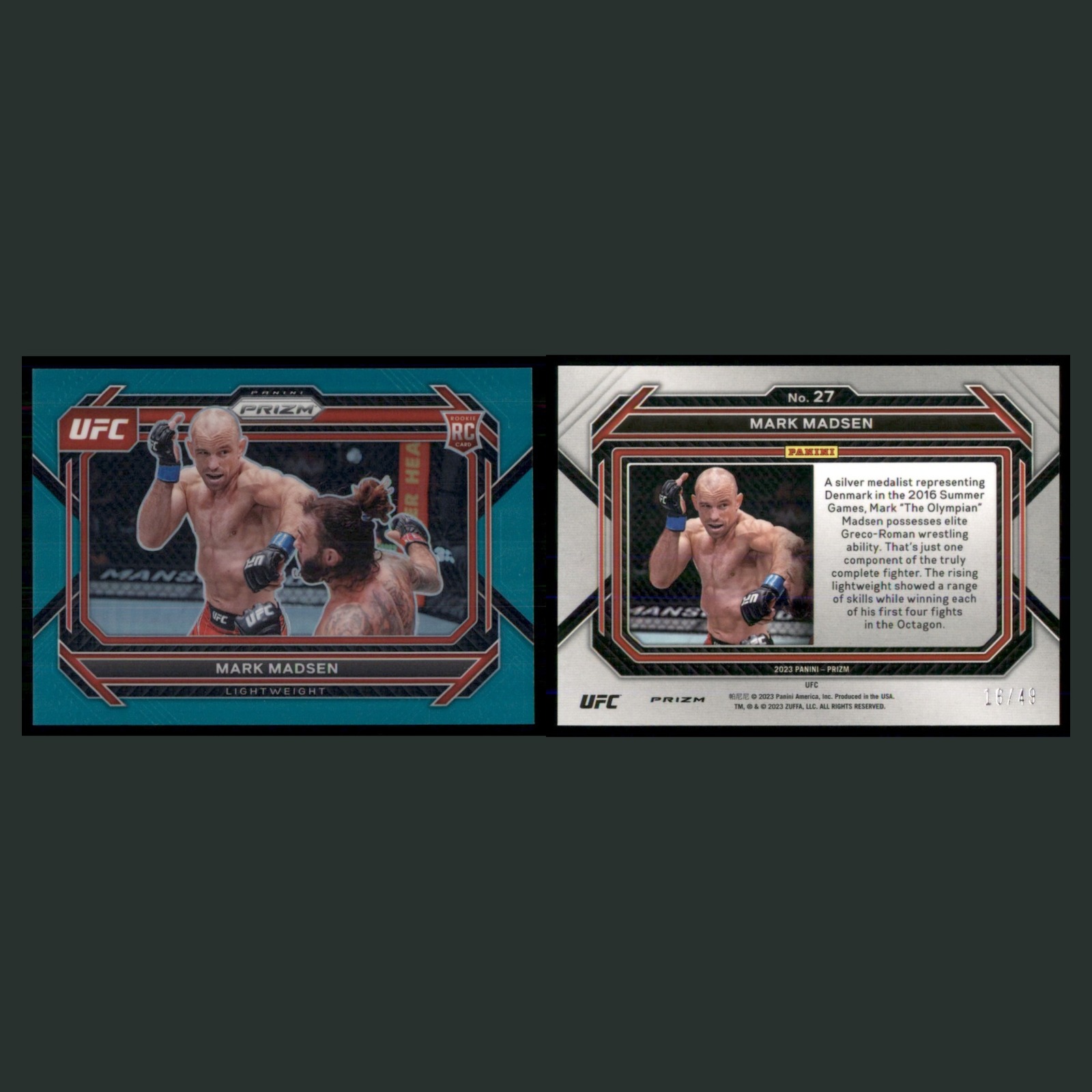 Mark Madsen Rookie /49 #27 2023 Panini Prizm UFC Teal MMA Card front and back scans. Card condition is Near Mint.