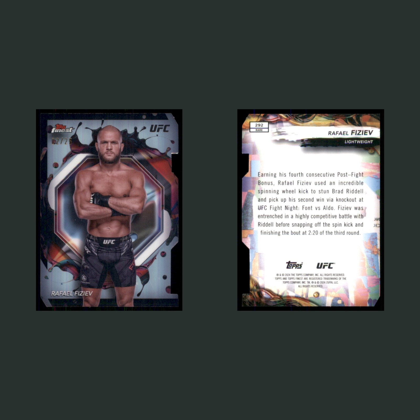 Rafael Fiziev /25 #292 2024 Topps Finest UFC Die-Cut Refractor MMA Card front and back scans. Card condition is Near Mint.