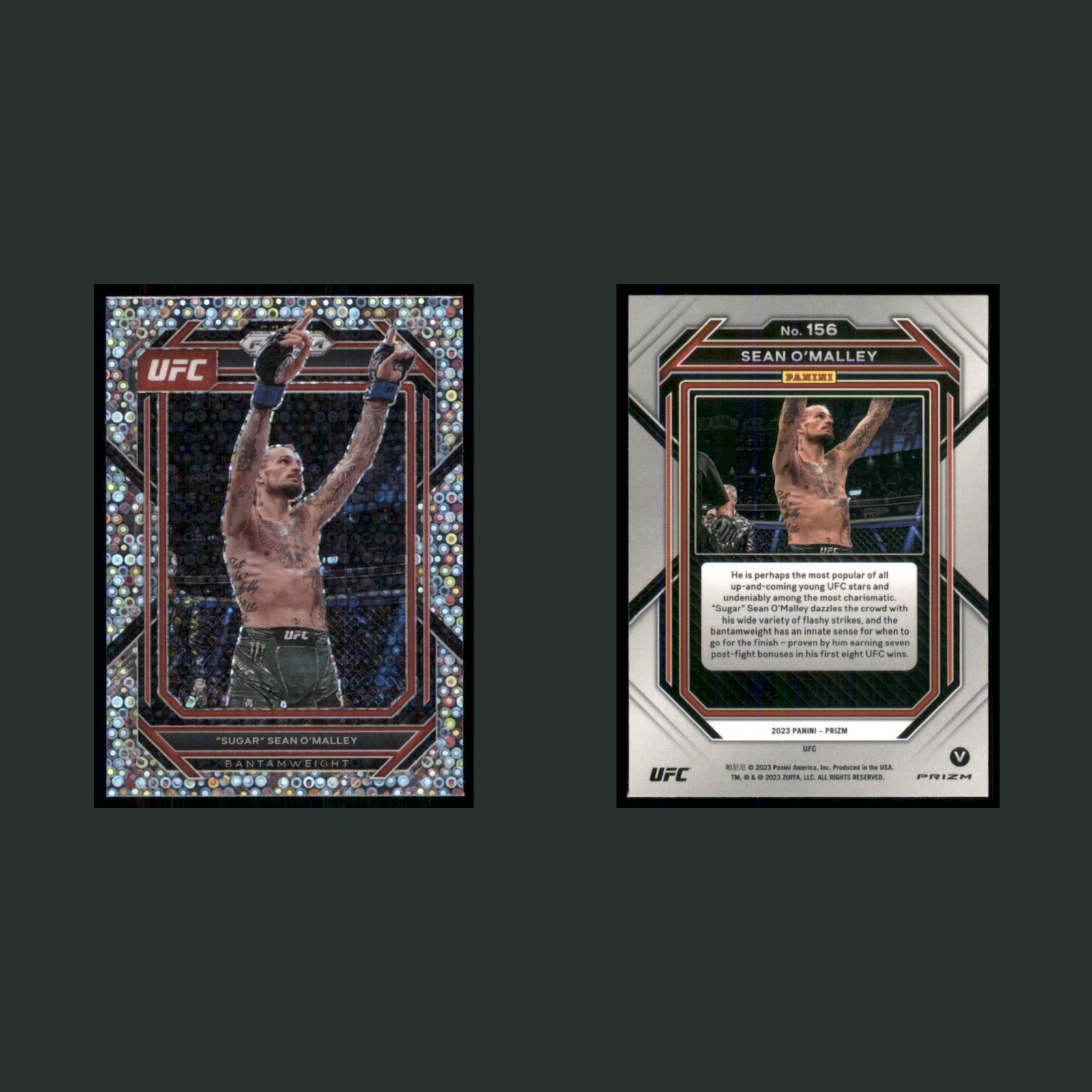 Sean O'Malley #156 2023 Panini Prizm UFC Disco Undercard Variation MMA Card front and back scans. Card condition is Near Mint.