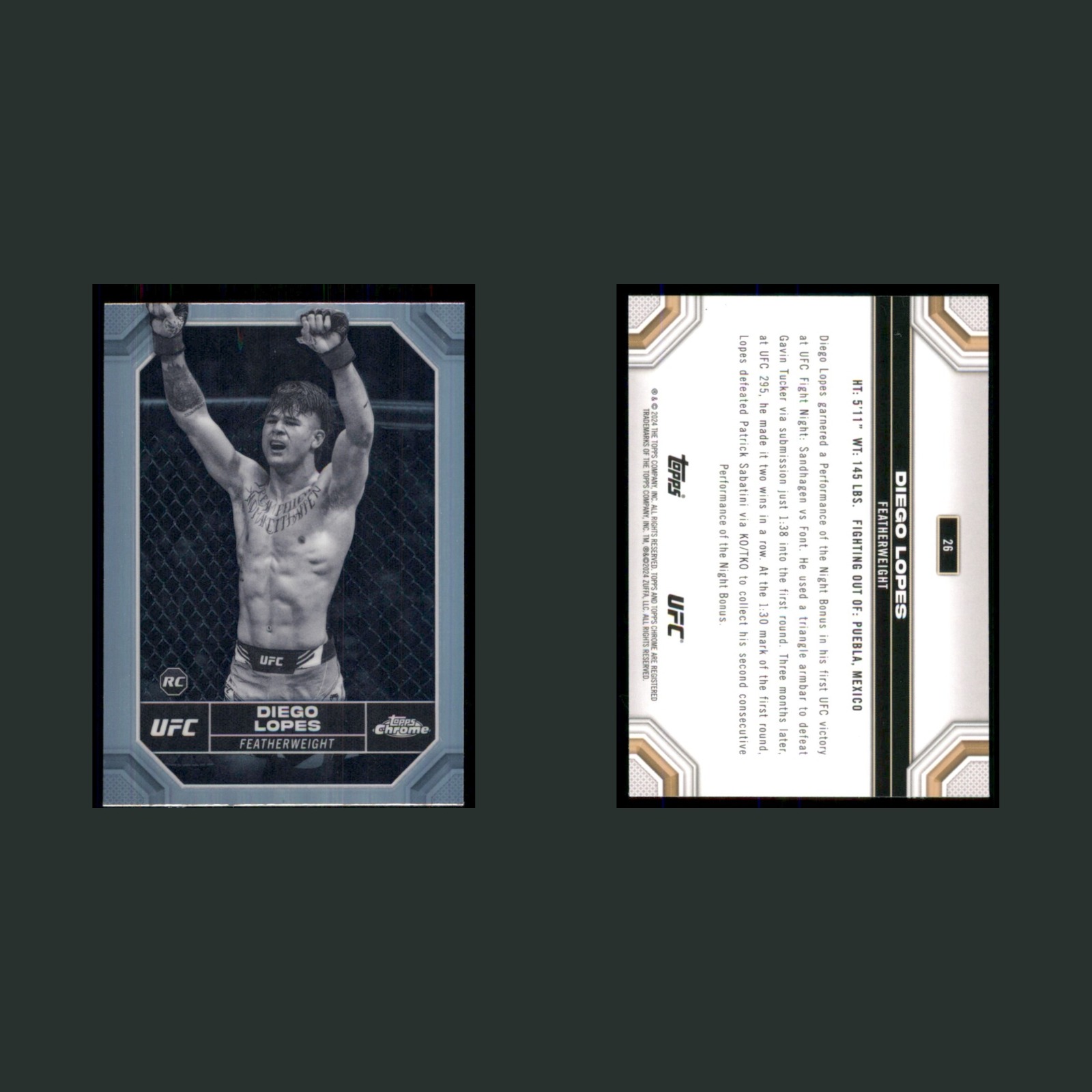 Diego Lopes Rookie #26 2024 Topps Chrome UFC Negative Refractor MMA Card front and back scans. Card condition is Near Mint.