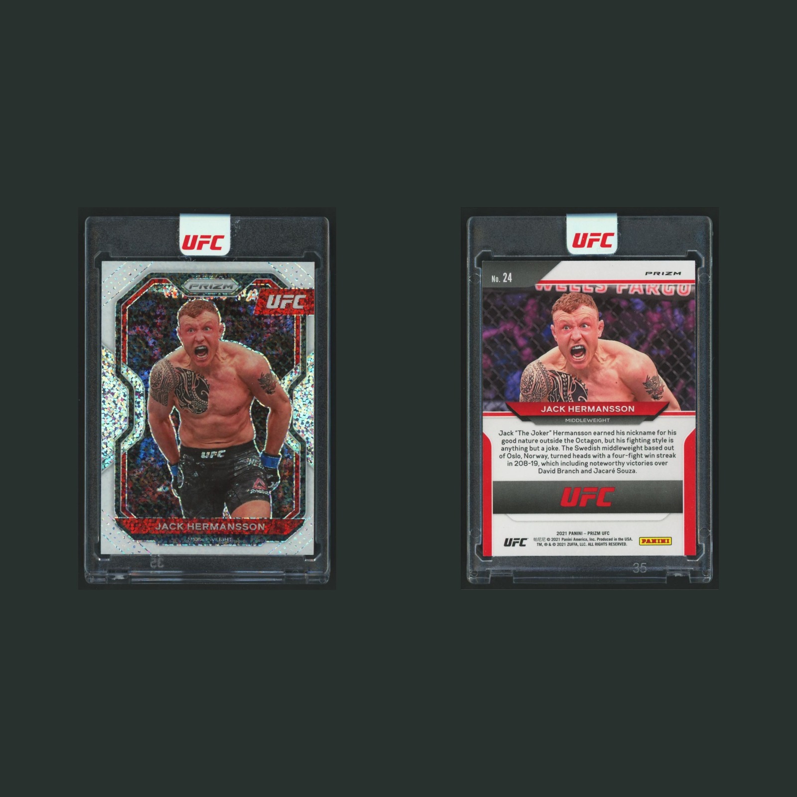 Jack Hermansson #24 2021 Panini Prizm UFC White Sparkle MMA Card front and back scans. Card condition is Near Mint.