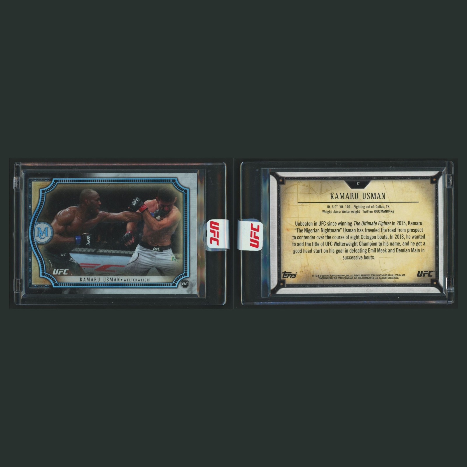 Kamaru Usman Rookie #27 2018 Topps Museum Collection UFC MMA Card front and back scans. Card condition is Near Mint.
