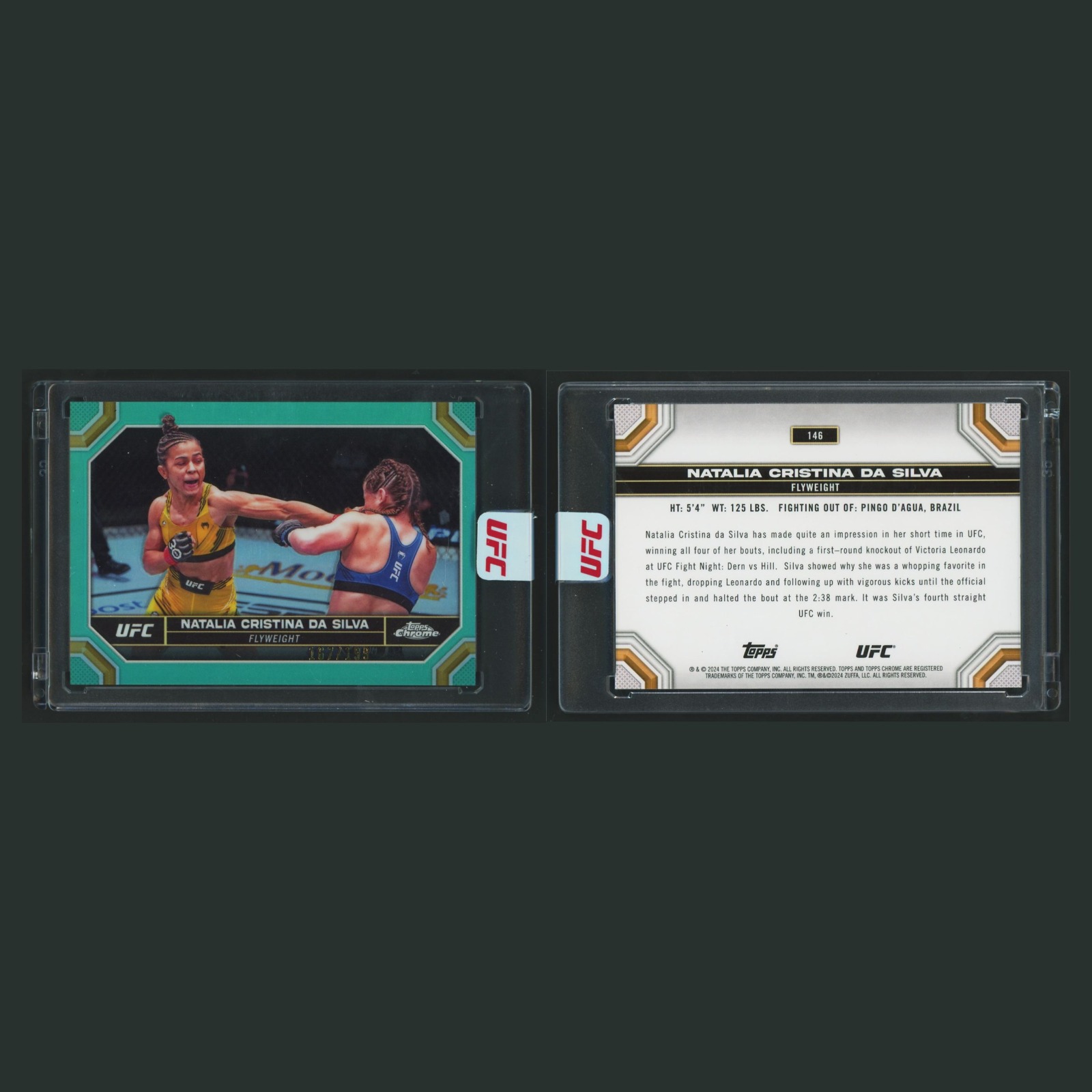 Natalia Cristina da Silva Rookie /199 #146 2024 Topps Chrome UFC Aqua Refractor front and back scans. Card condition is Near Mint.