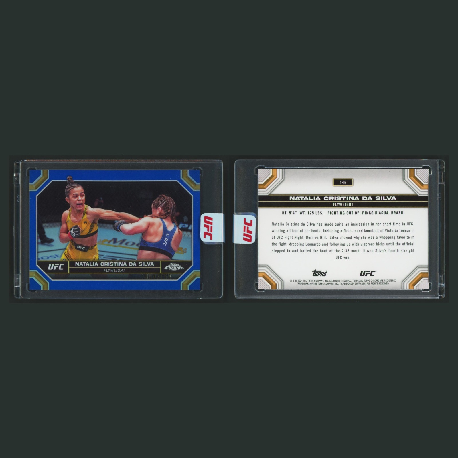 Natalia Cristina da Silva Rookie /150 #146 2024 Topps Chrome UFC Blue Refractor front and back scans. Card condition is Near Mint.